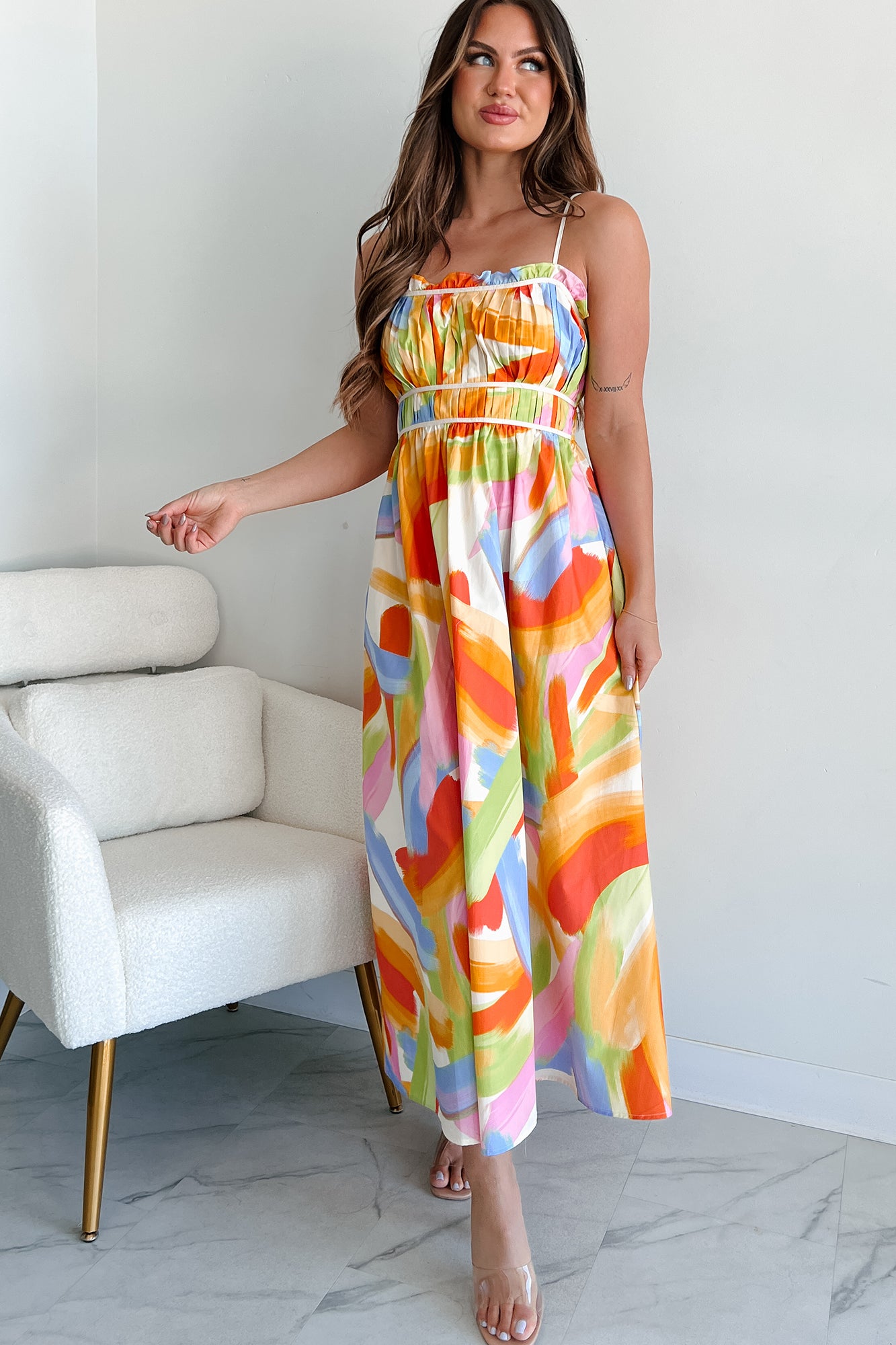 Passionate Response Printed Maxi Dress (White/Blue/Yellow)-The Formal Wear