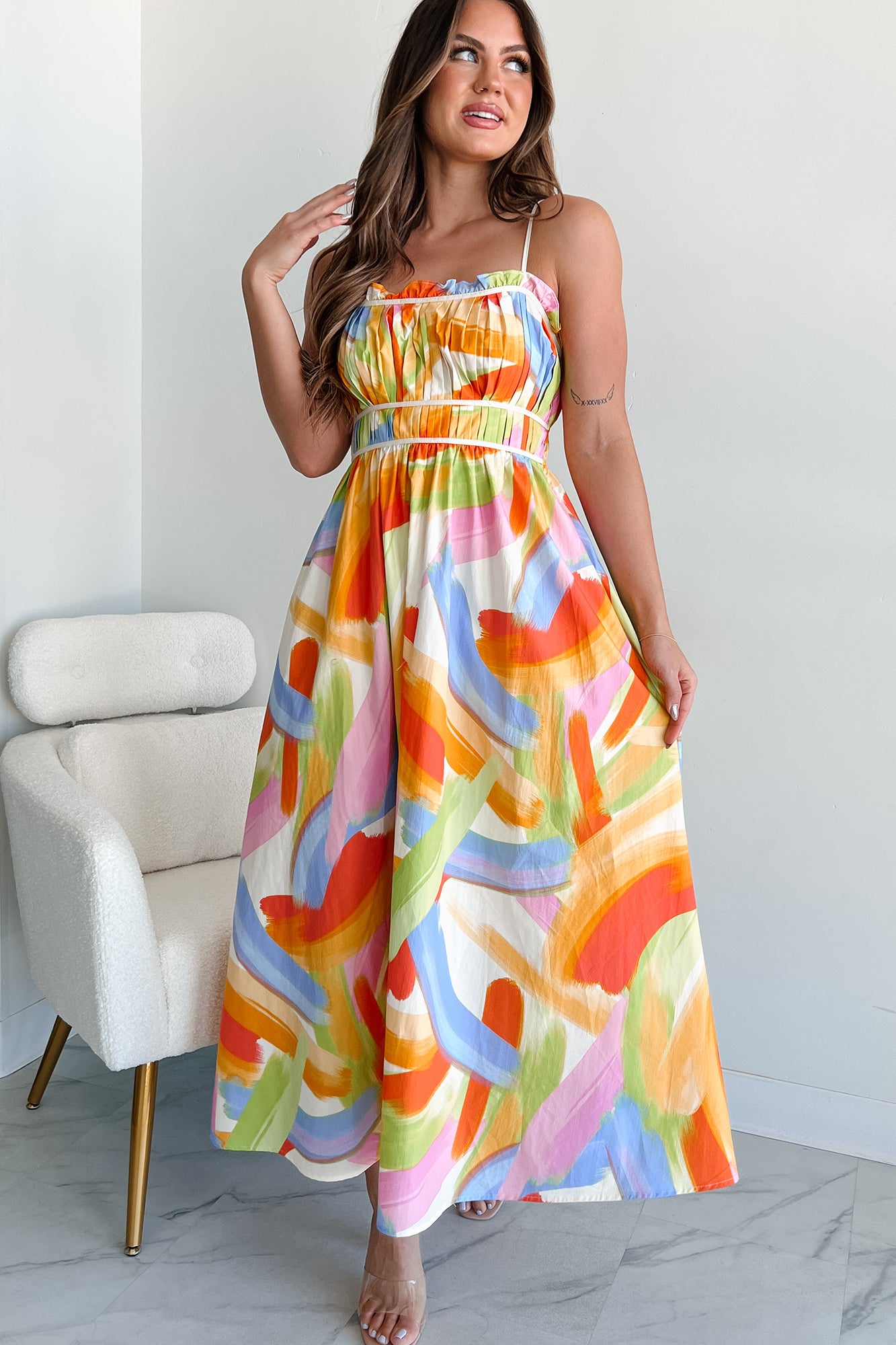 Passionate Response Printed Maxi Dress (White/Blue/Yellow)-The Formal Wear