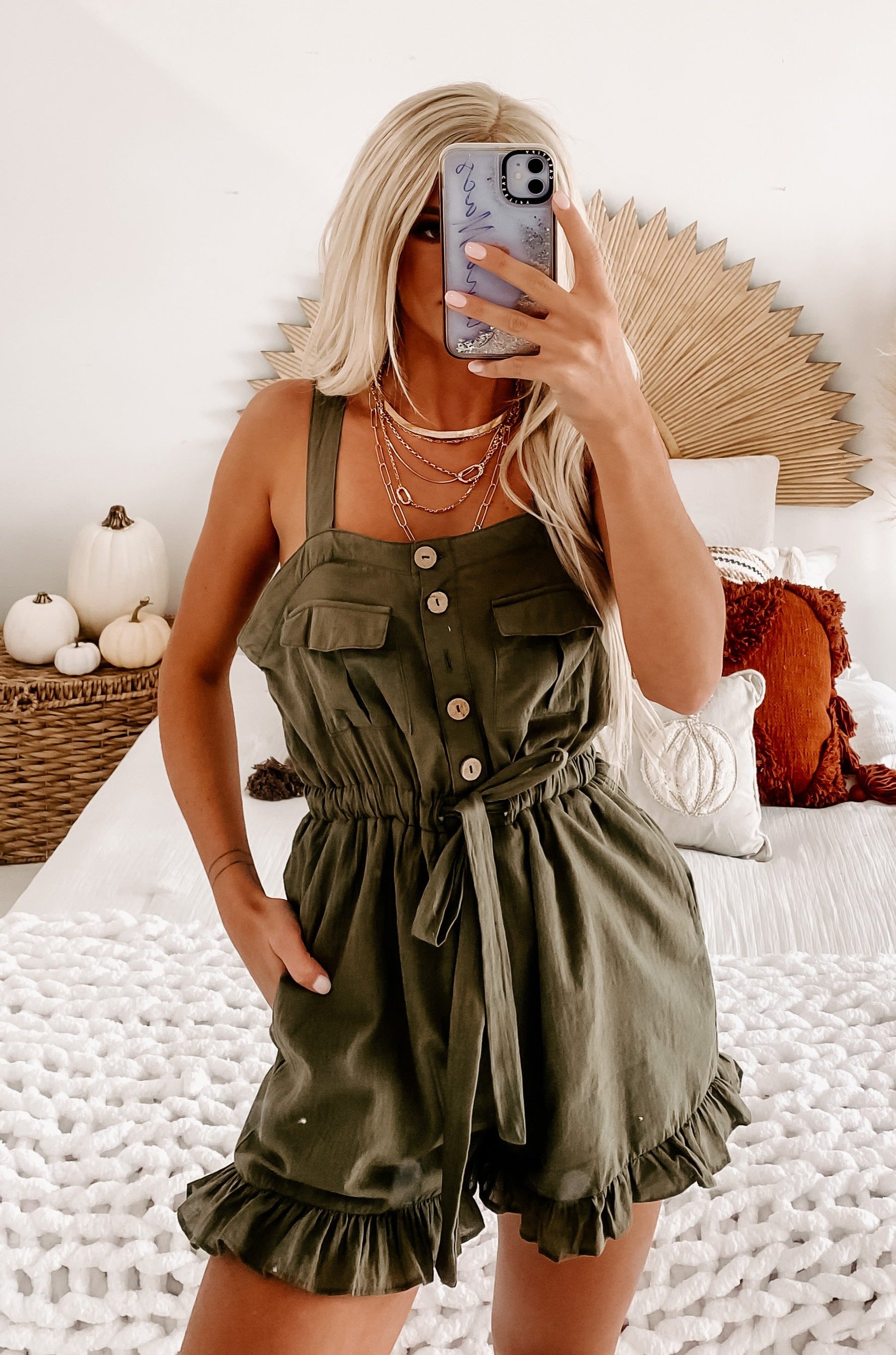 Damara Ruffled Hem Romper (Olive)-The Formal Wear