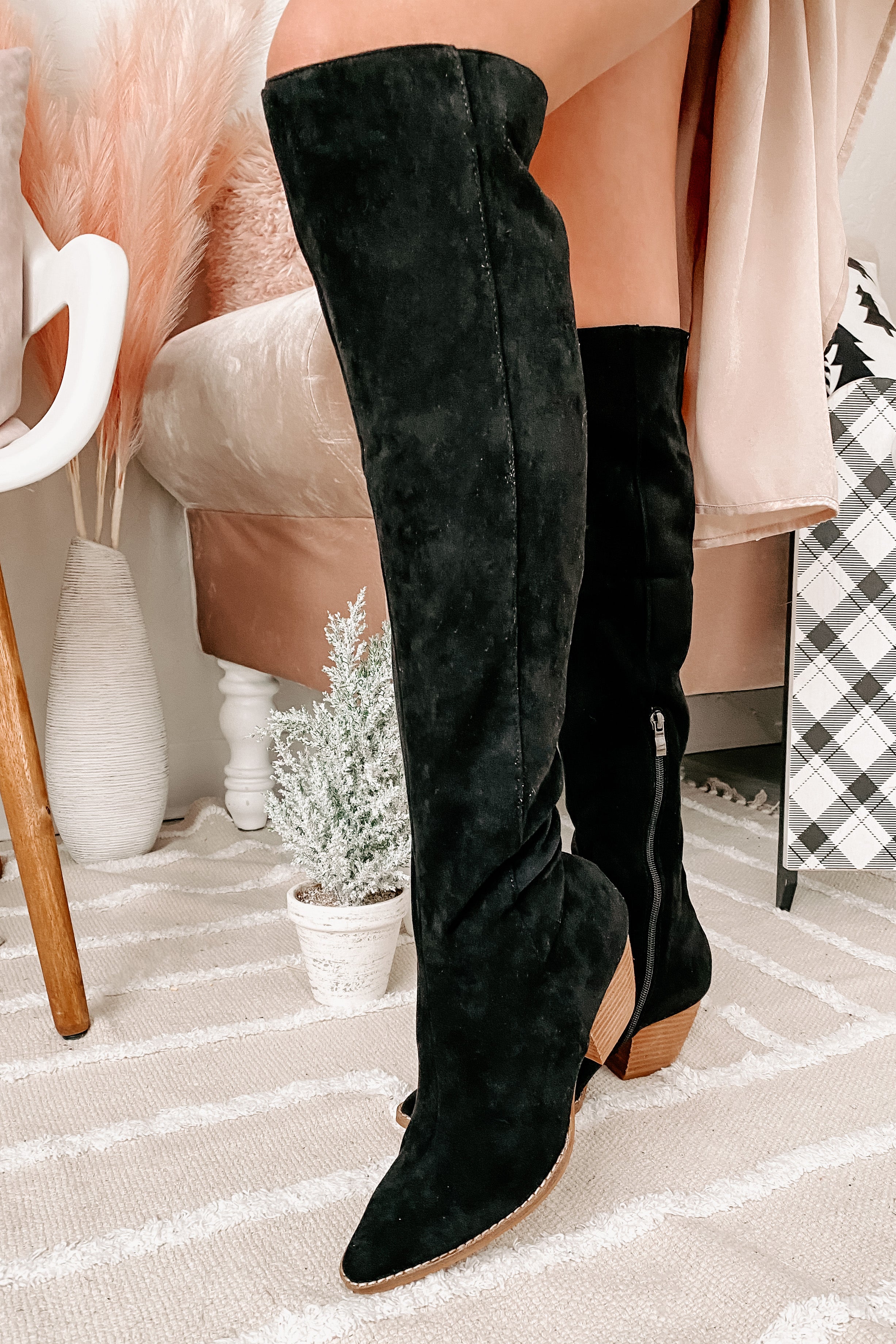 Arisa Faux Suede Over The Knee Boots (Black)-The Formal Wear