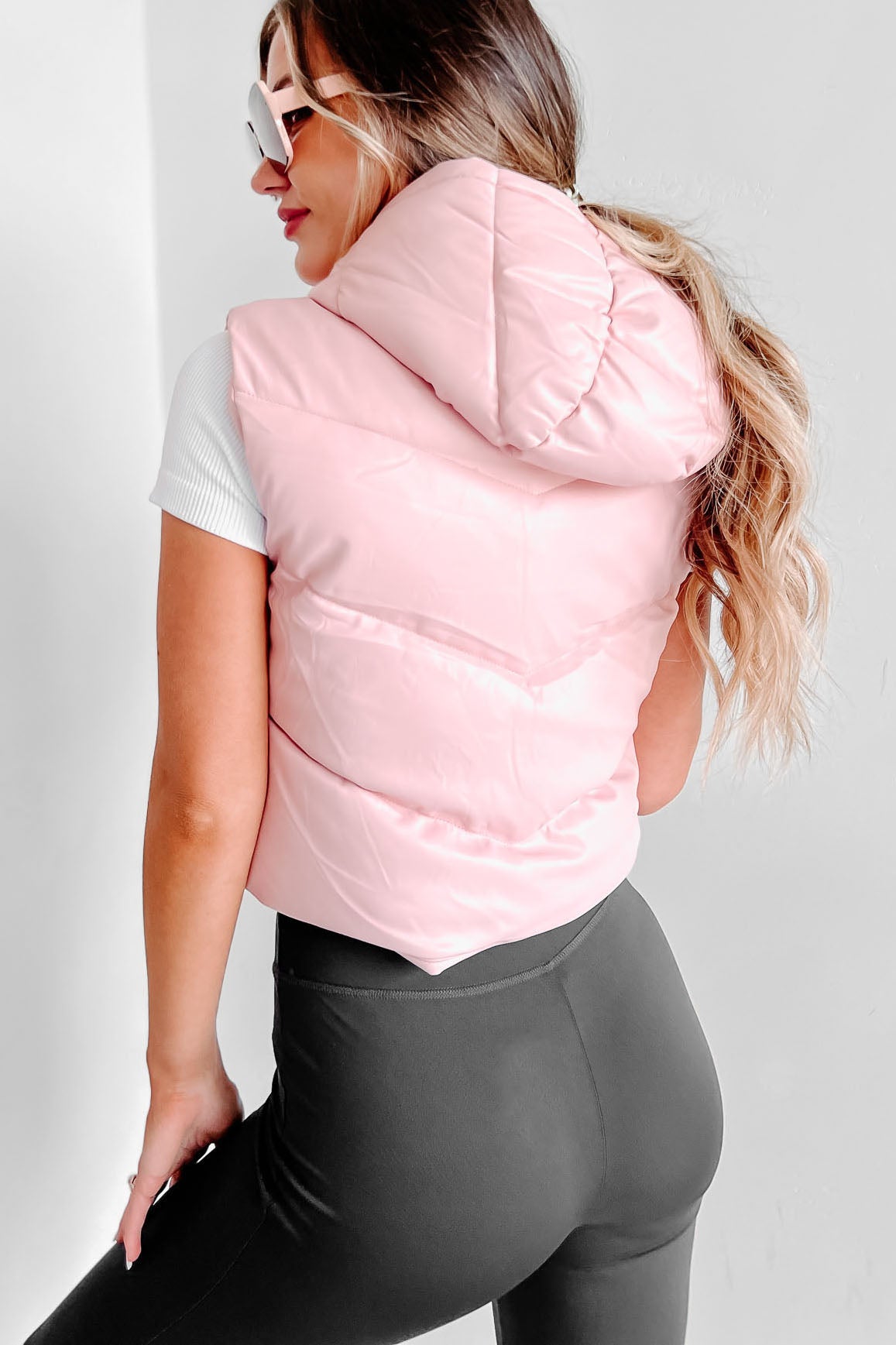 Arctic Chic Hooded Faux Leather Puffer Vest (Pink)-The Formal Wear