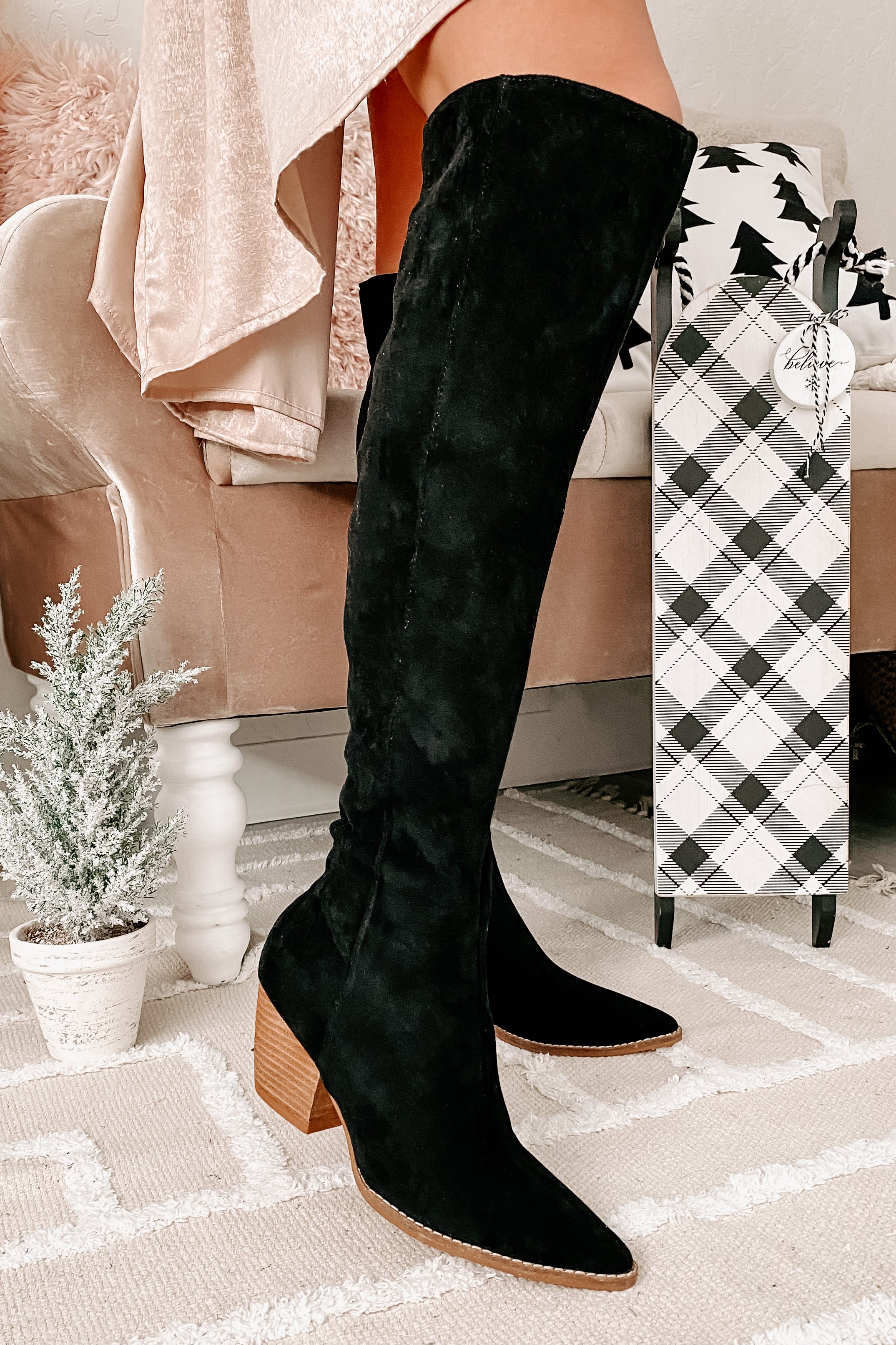 Arisa Faux Suede Over The Knee Boots (Black)-The Formal Wear