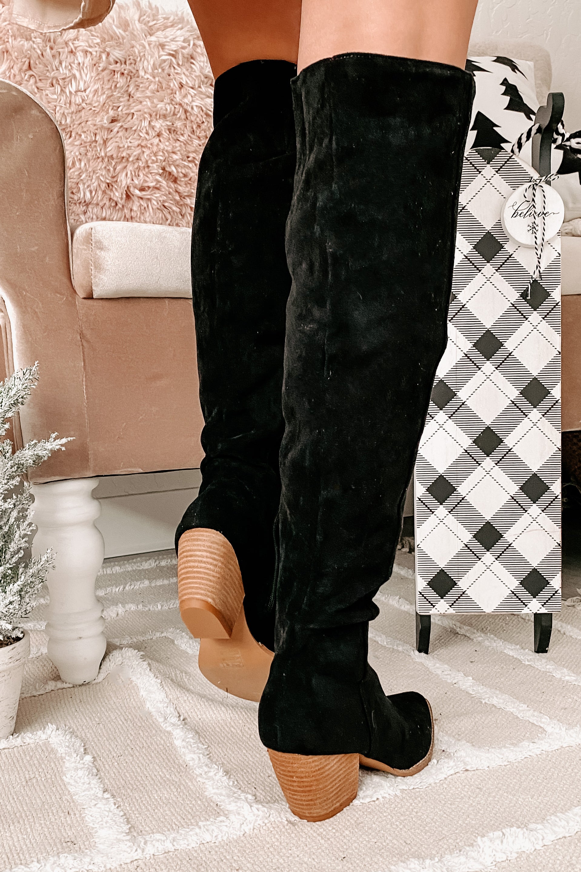 Arisa Faux Suede Over The Knee Boots (Black)-The Formal Wear