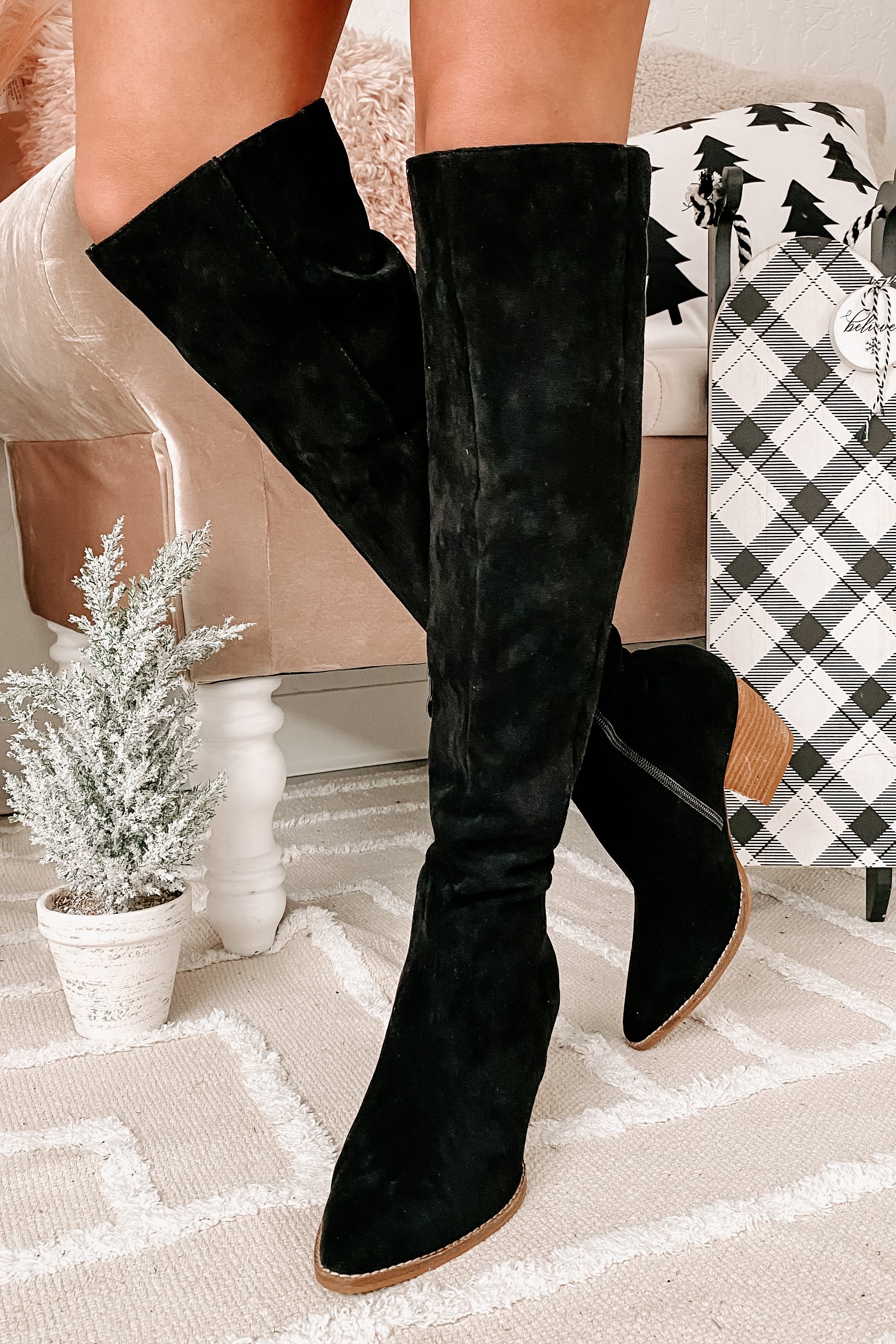 Arisa Faux Suede Over The Knee Boots (Black)-The Formal Wear