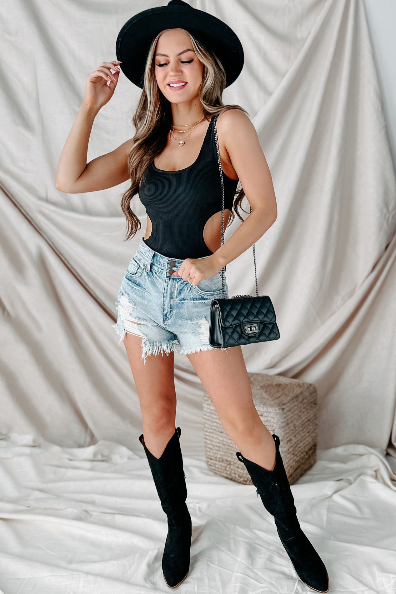 Charm You Double-Button Distressed Denim Shorts (Medium Light)-The Formal Wear