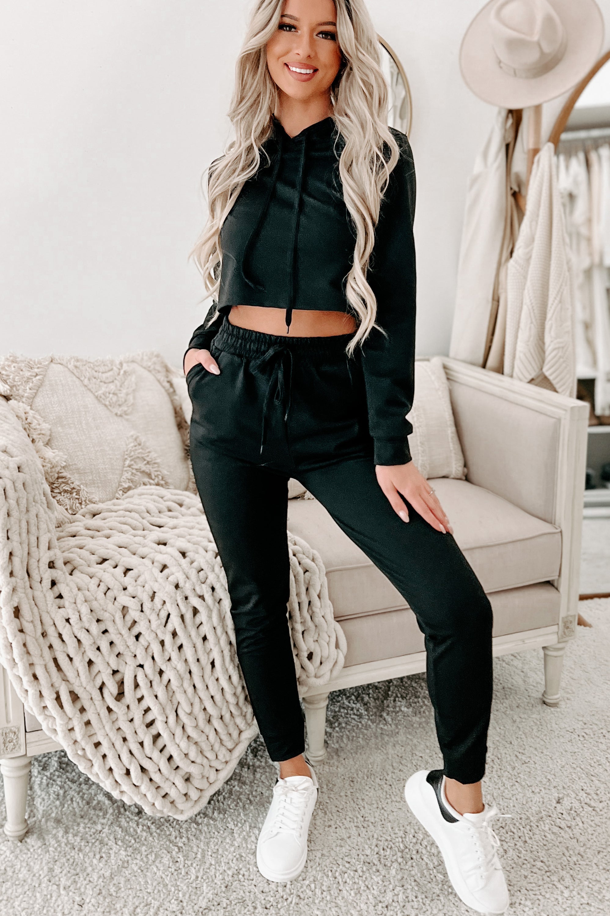 Doorbuster- Living & Loving Crop Top & Jogger Two-Piece Set (Black)-The Formal Wear
