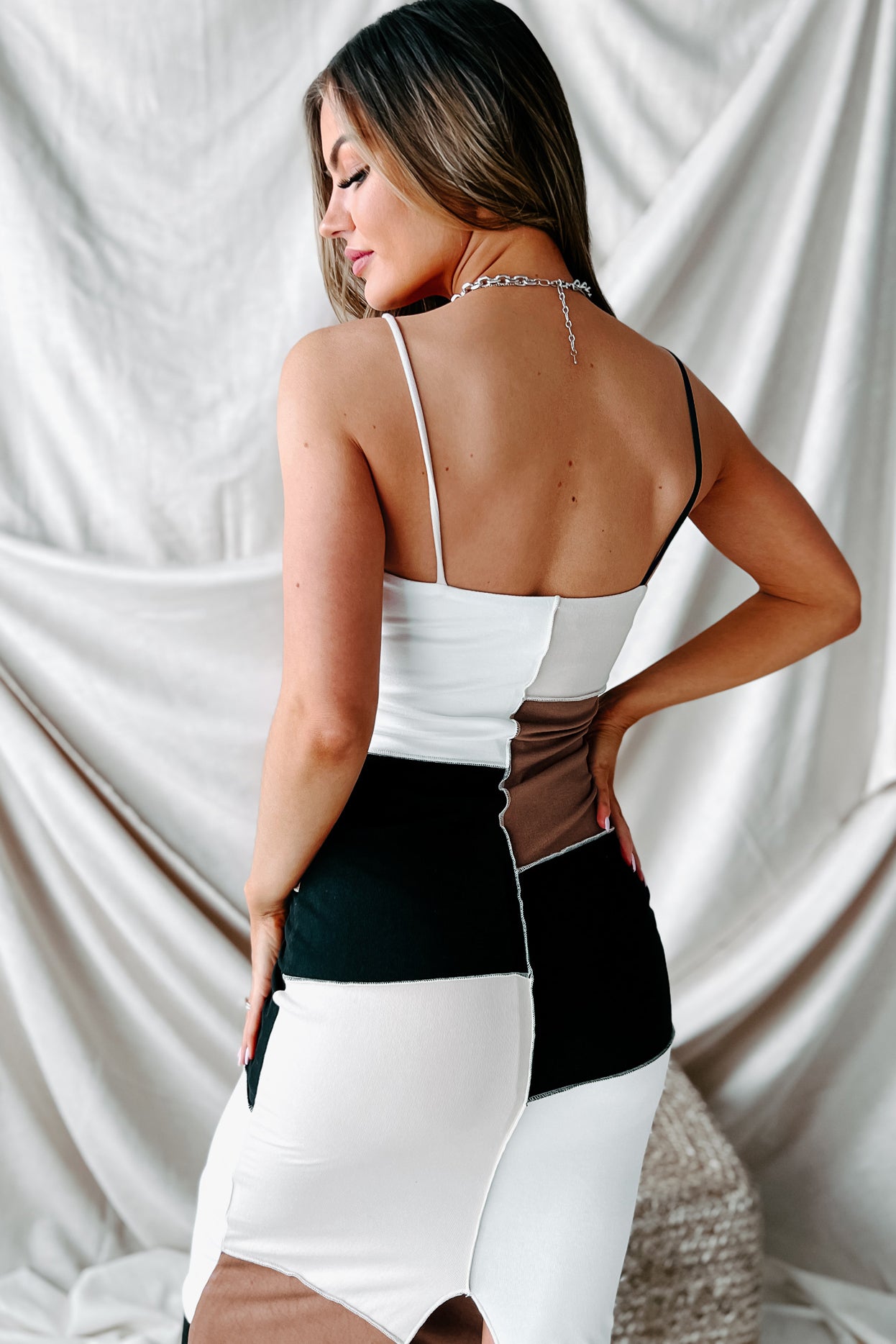 Blocked Your Number Colorblock Midi Dress (Taupe Multi)-The Formal Wear