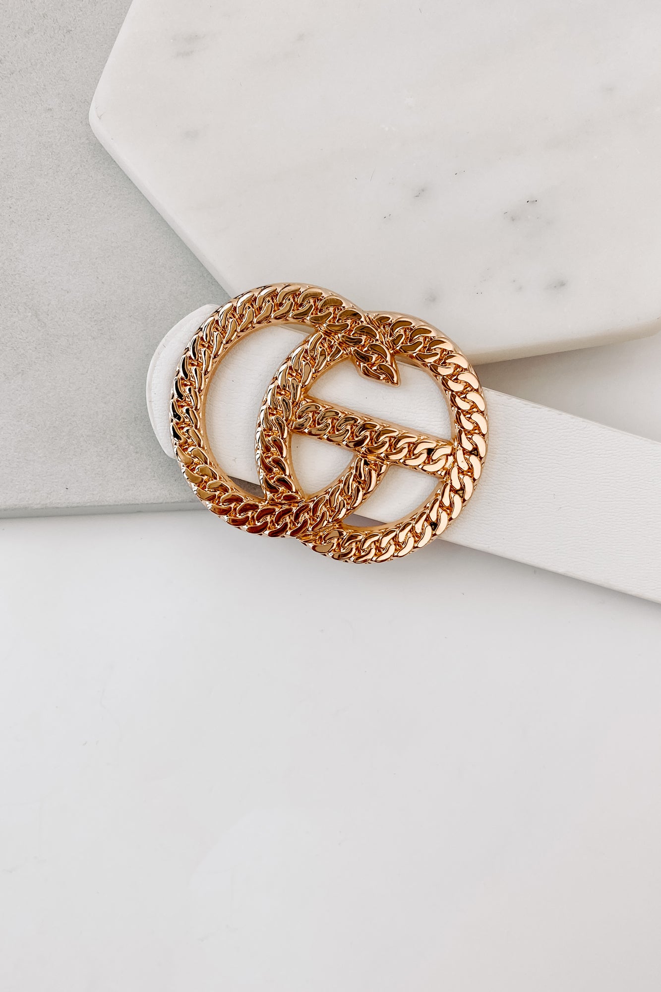 Gigi Flat Chain Textured Buckle Belt (White)-The Formal Wear