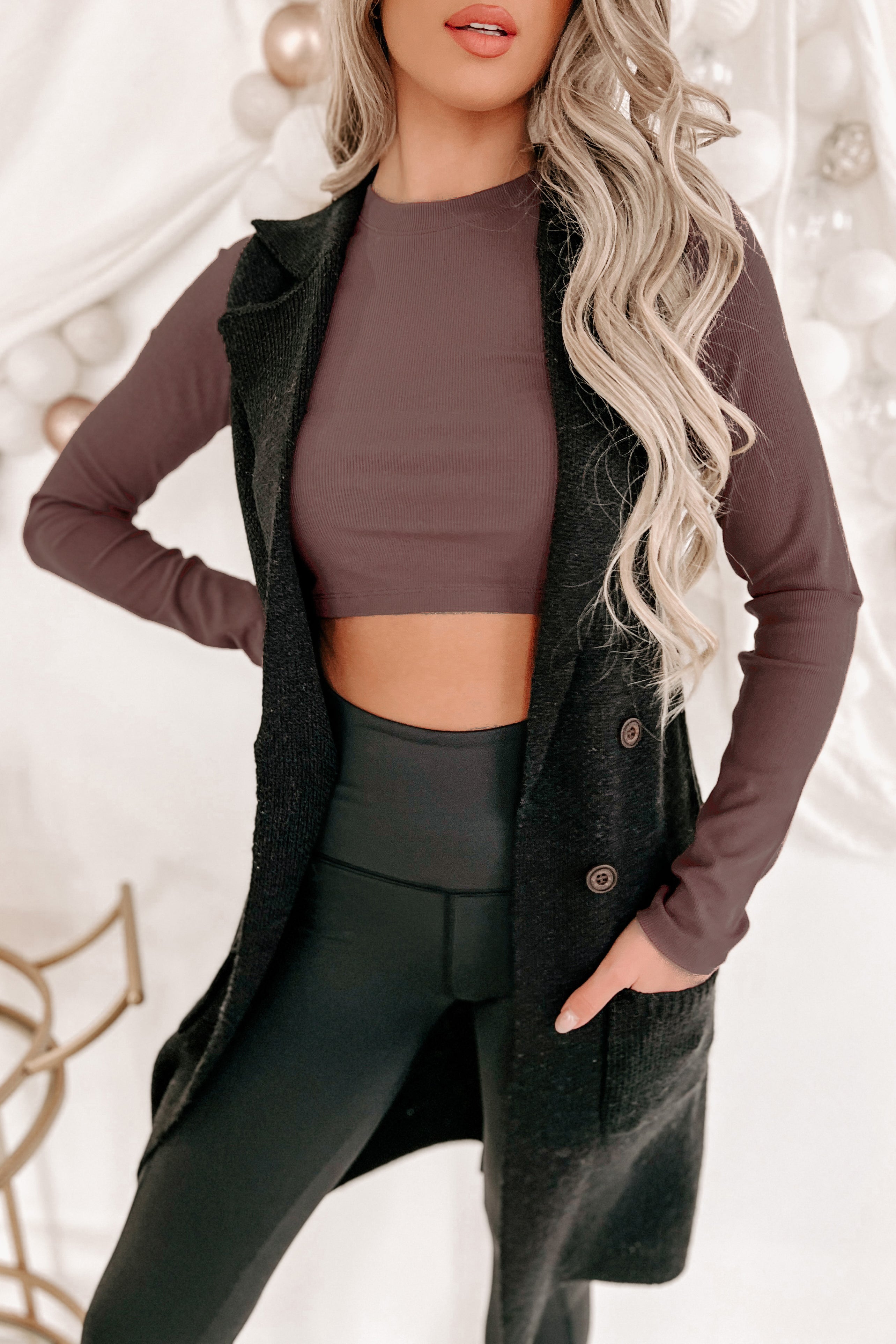 Doorbuster- Celene Open Front Sweater Vest (Black)-The Formal Wear