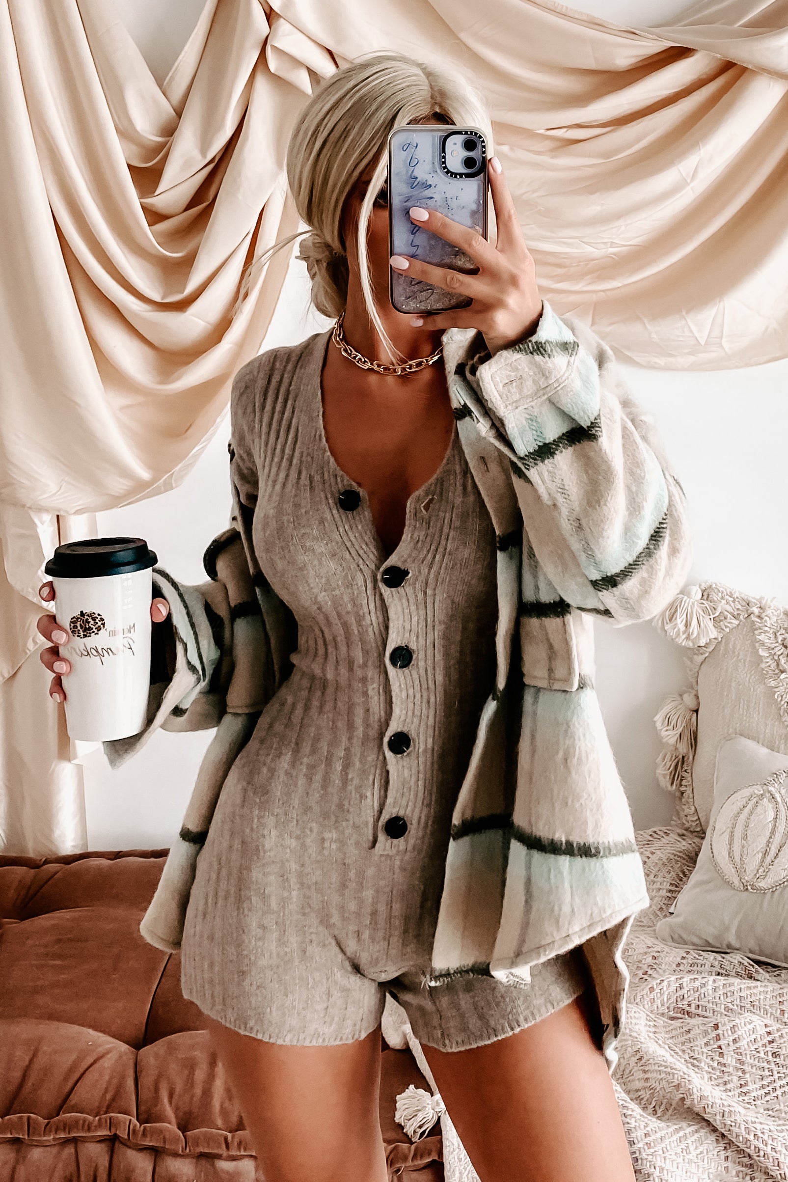 Cute & Cuddly Button-Front Sweater Romper (Taupe)-The Formal Wear