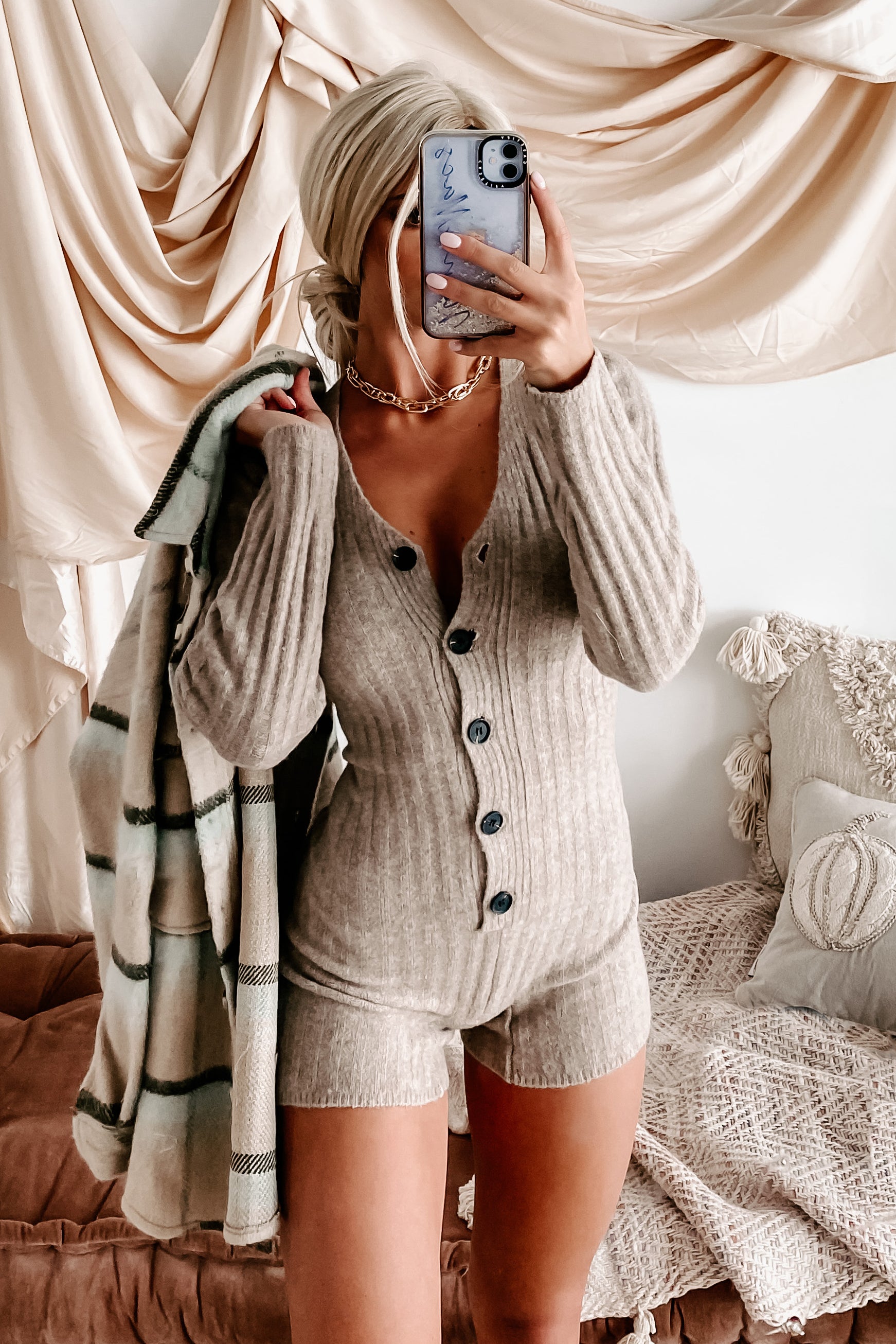 Cute & Cuddly Button-Front Sweater Romper (Taupe)-The Formal Wear
