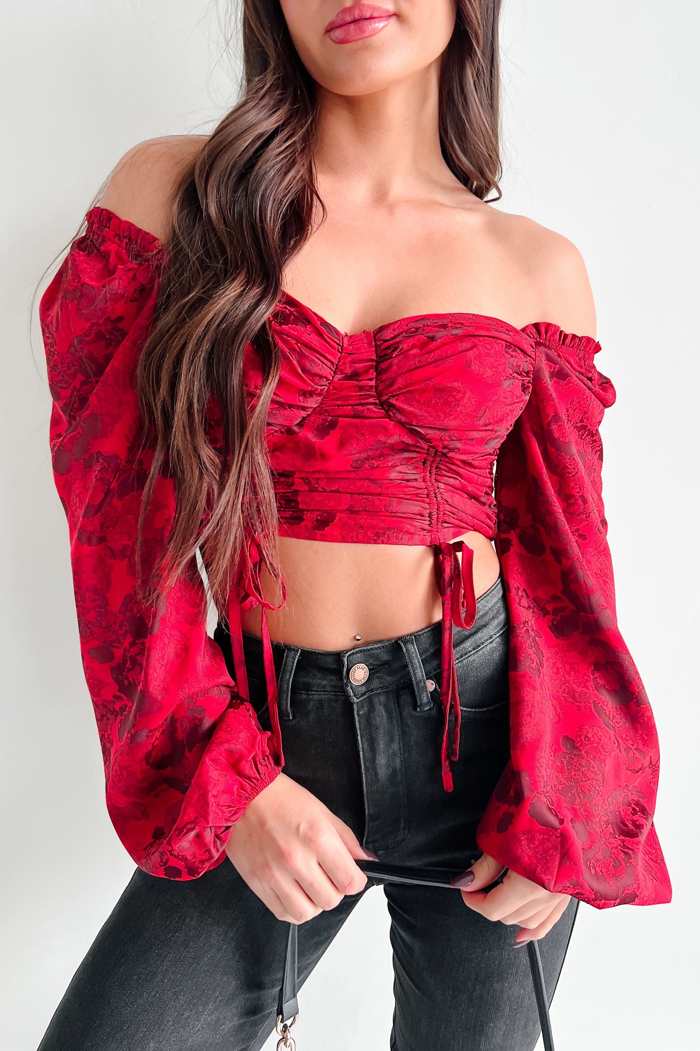 Romantic Plans Peasant Sleeve Floral Top (Red)-The Formal Wear