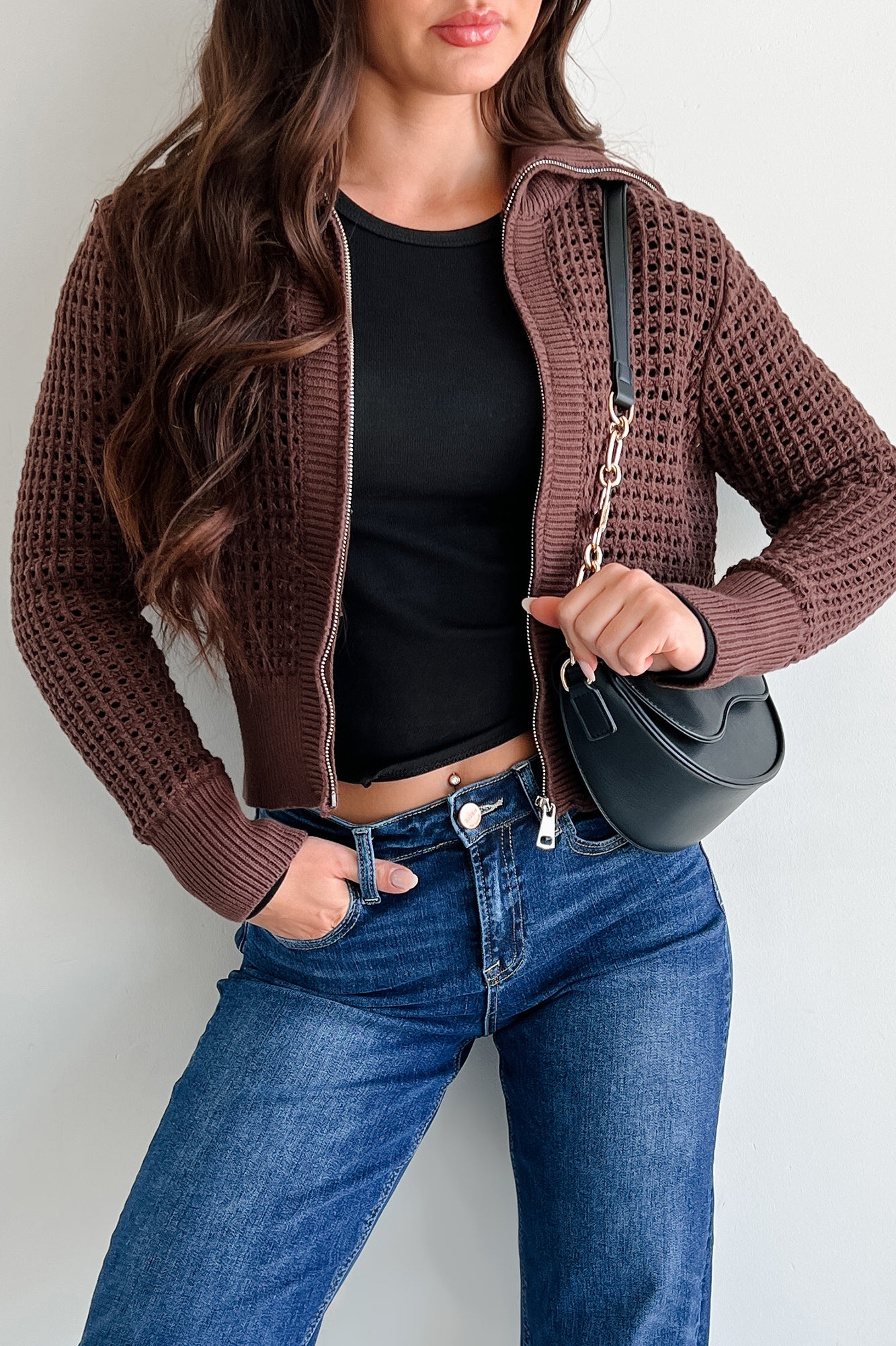 Whispered Words Zip-Up Sweater Jacket (Chocolate)-The Formal Wear