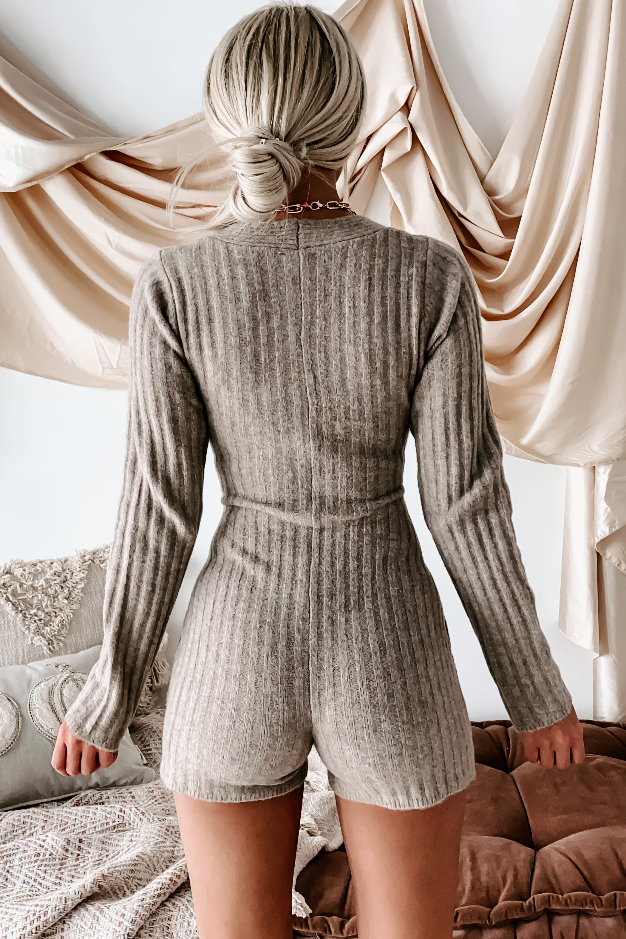 Cute & Cuddly Button-Front Sweater Romper (Taupe)-The Formal Wear