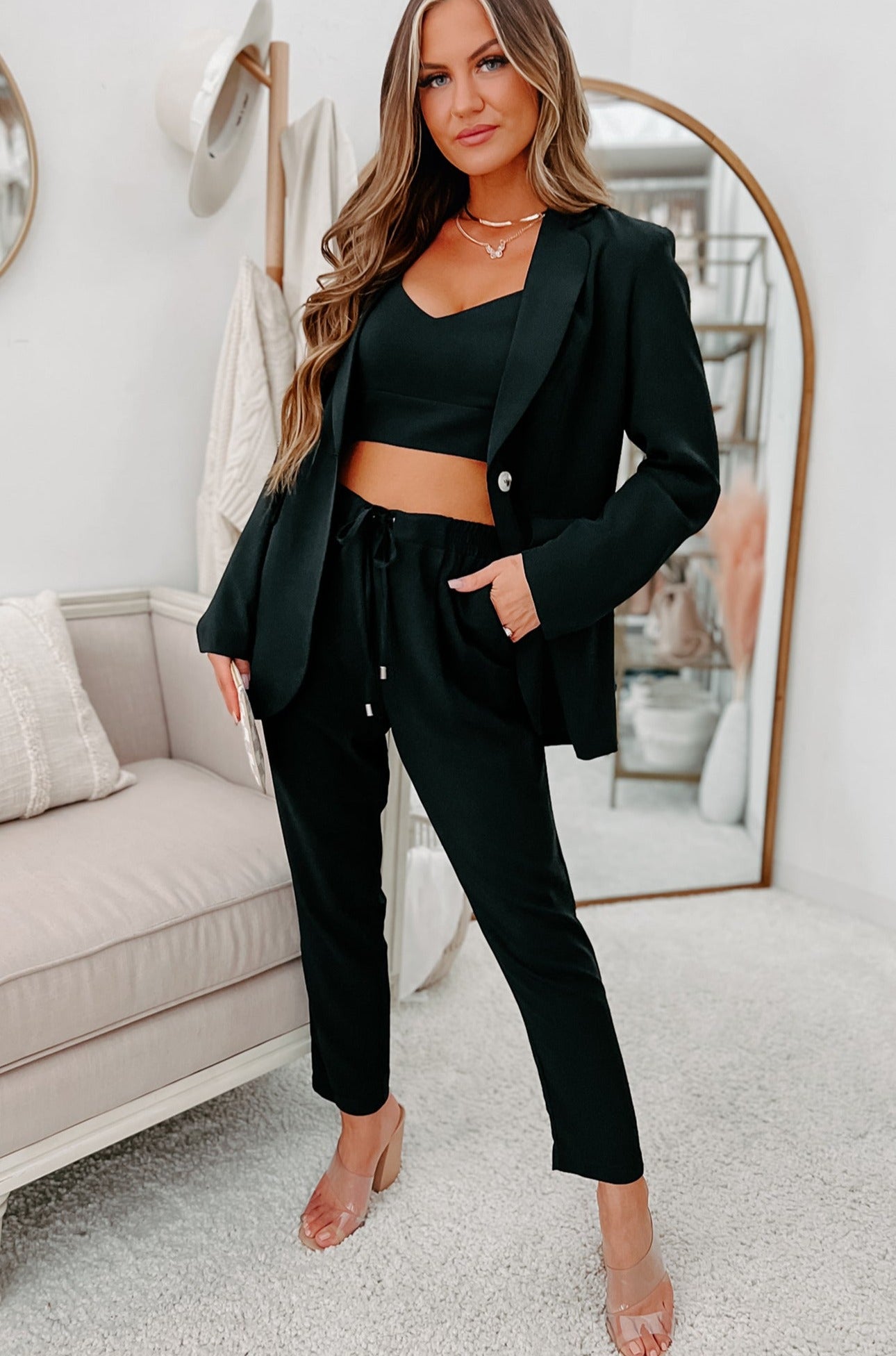 Feeling Bossy Three-Piece Blazer Set (Black)-The Formal Wear