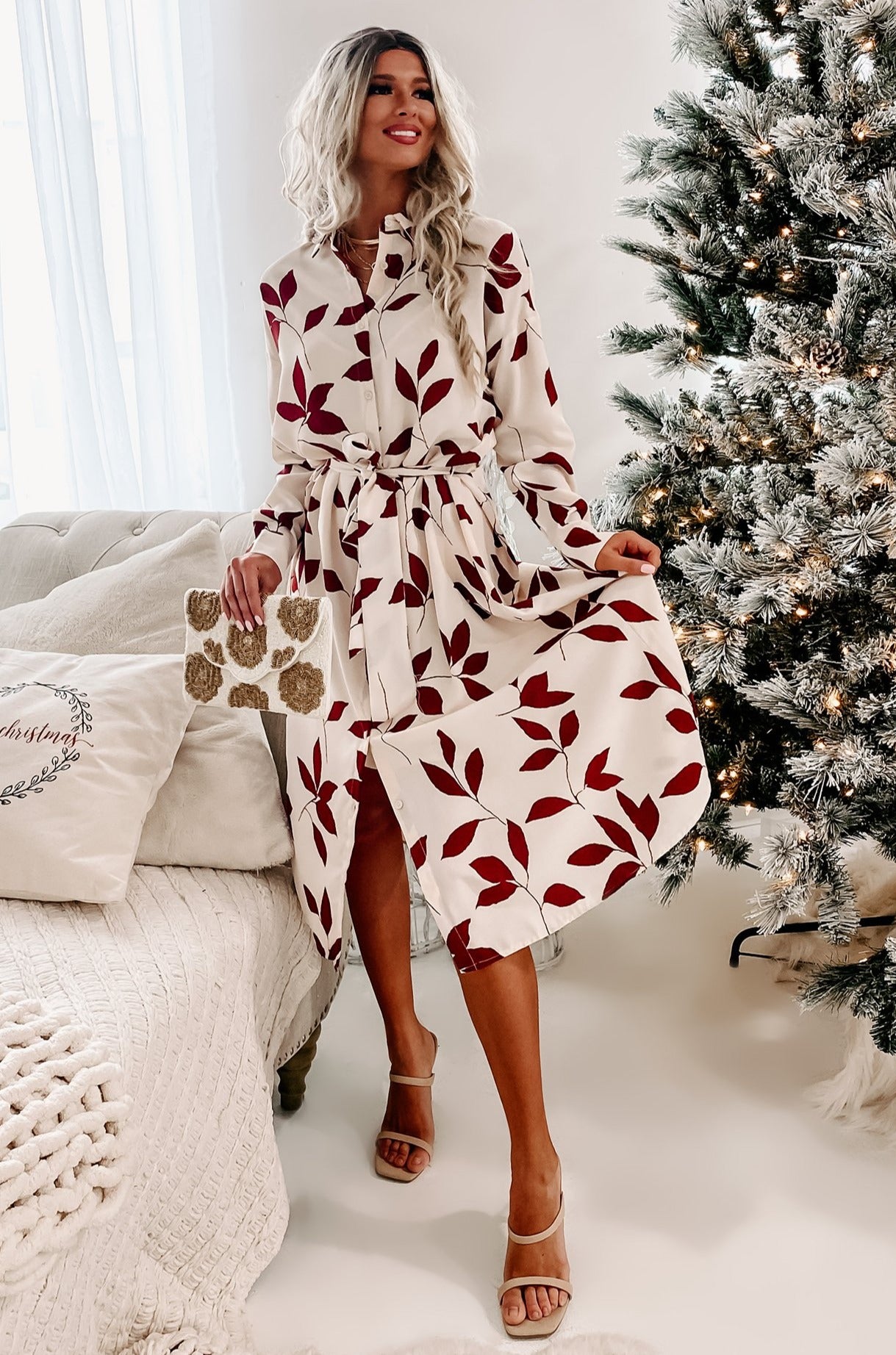 Mood Booster Leaf Print Midi Dress (Cream/Wine)-The Formal Wear
