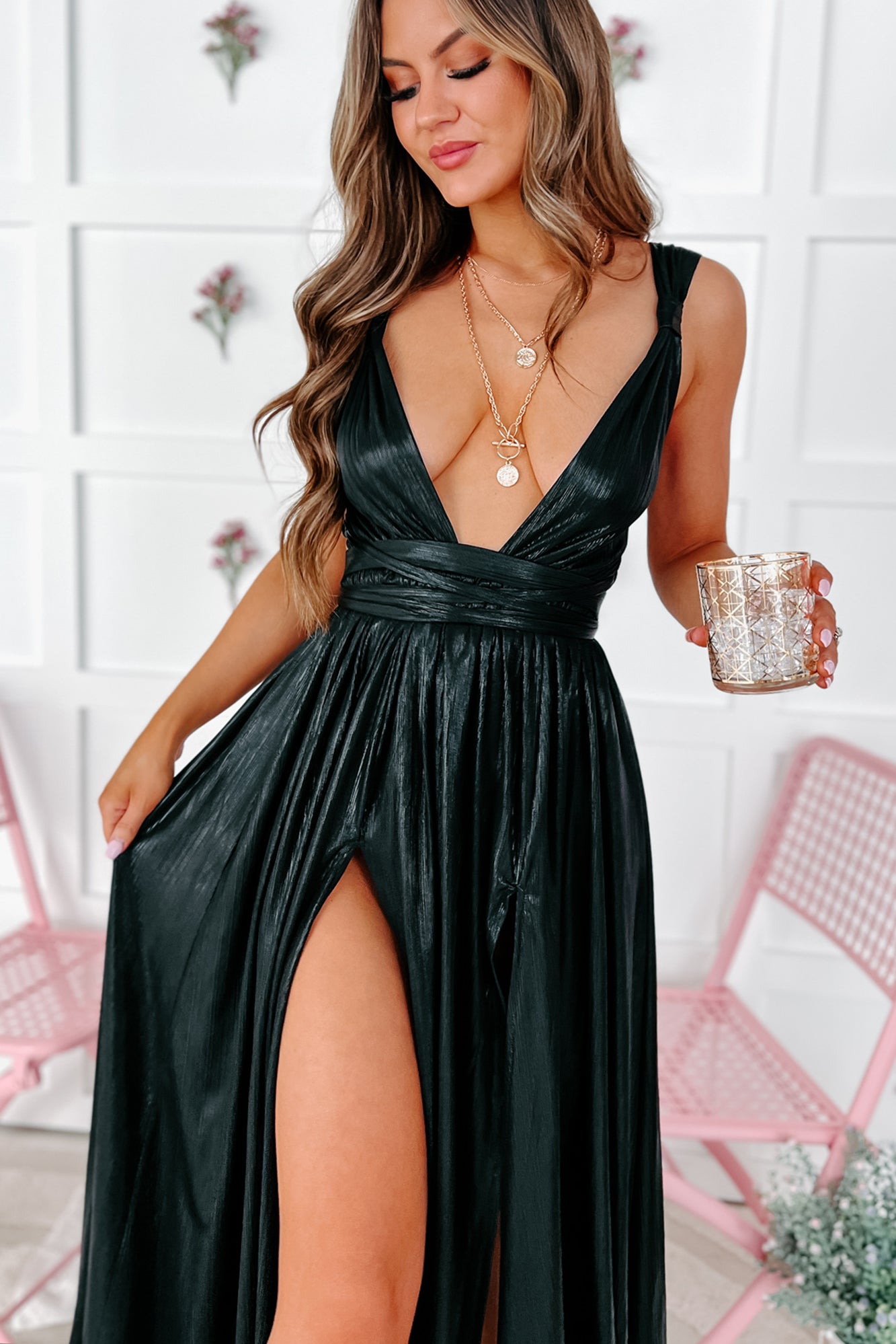 Camera Ready Plunging Metallic Maxi Dress (Black)-The Formal Wear