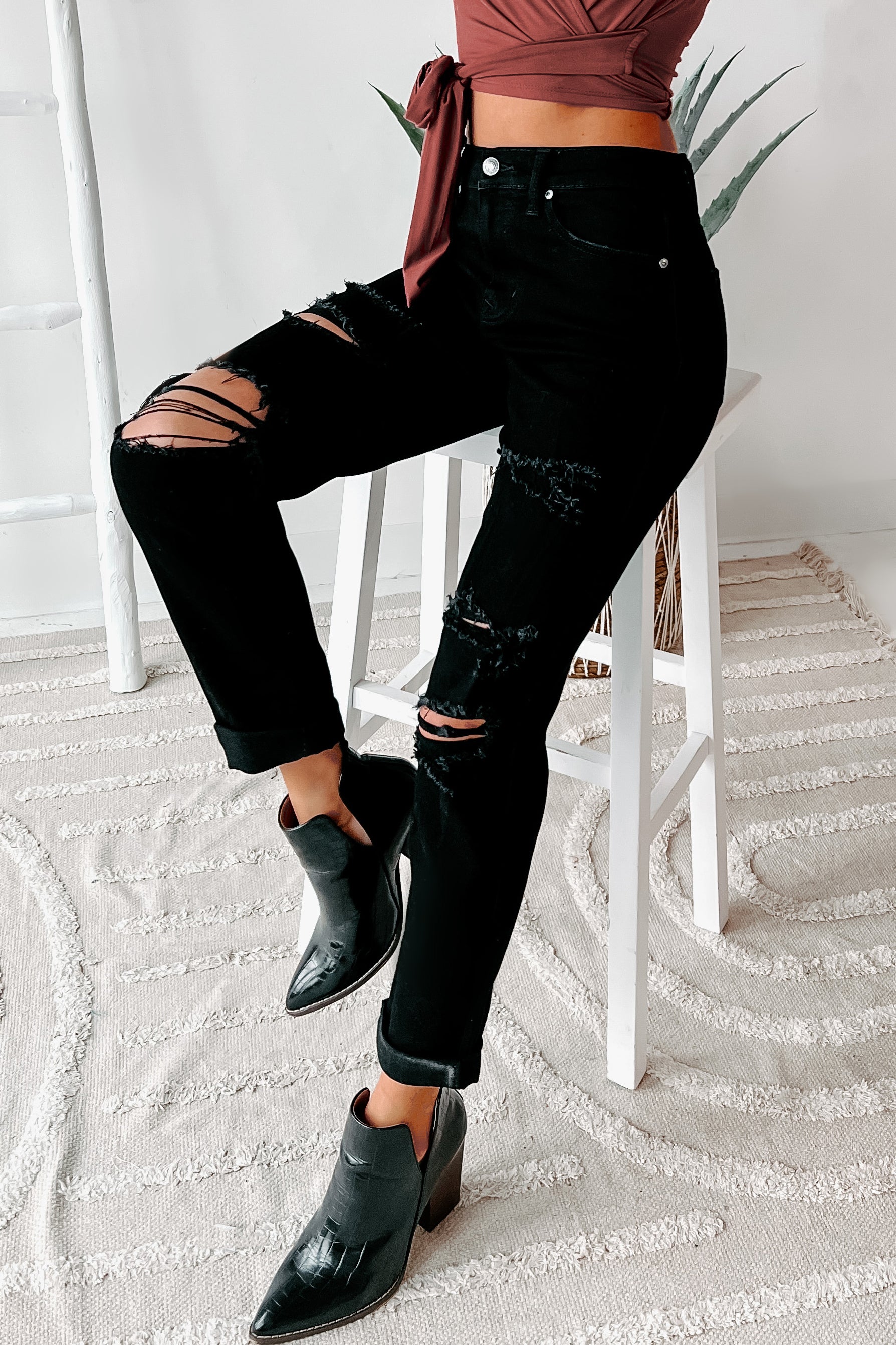 Ryden Distressed Boyfriend High Rise Eunina Jeans (Black)-The Formal Wear