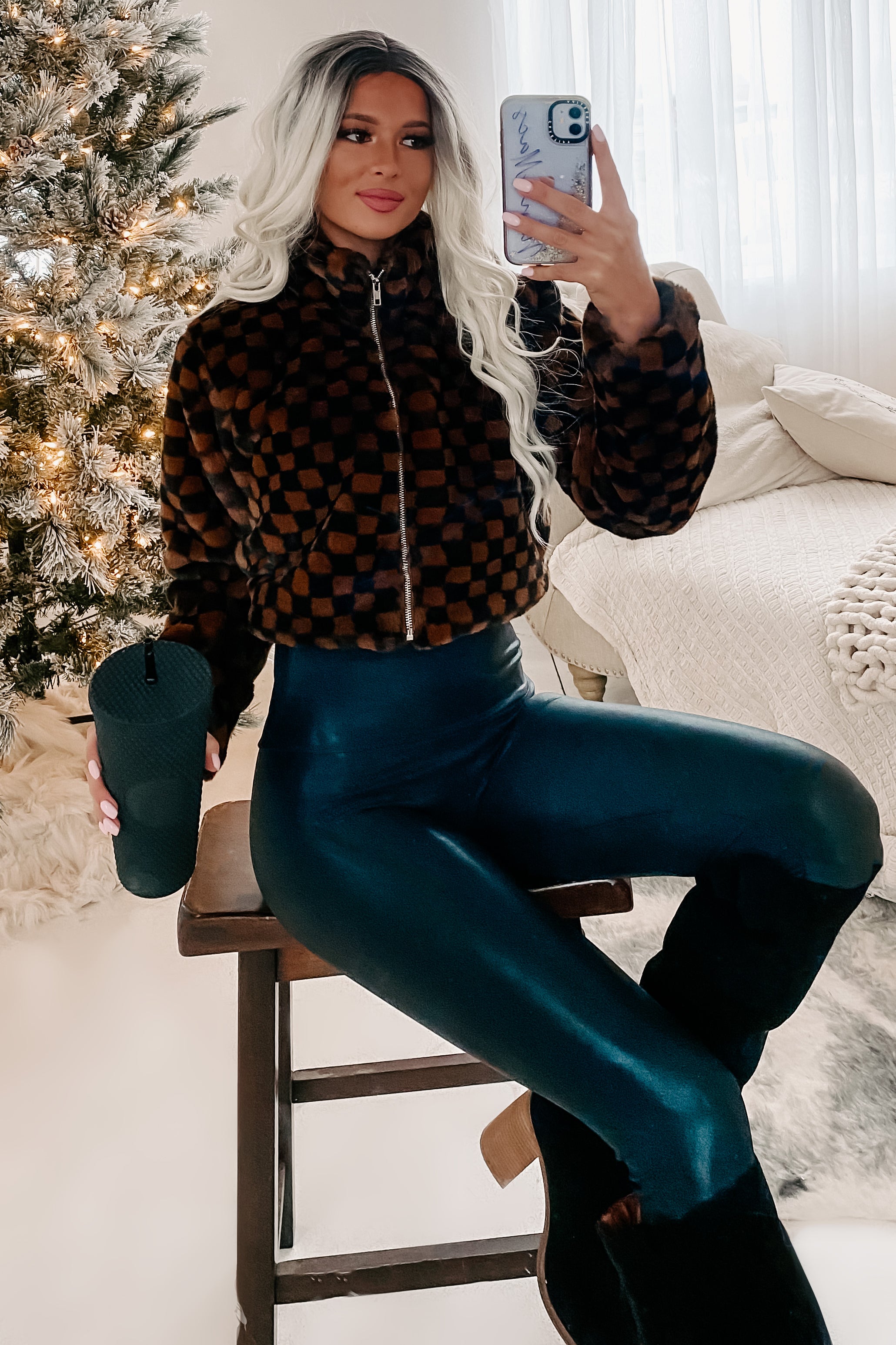 Better Be Boujee Checkered Faux Fur Jacket (Brown/Black)-The Formal Wear