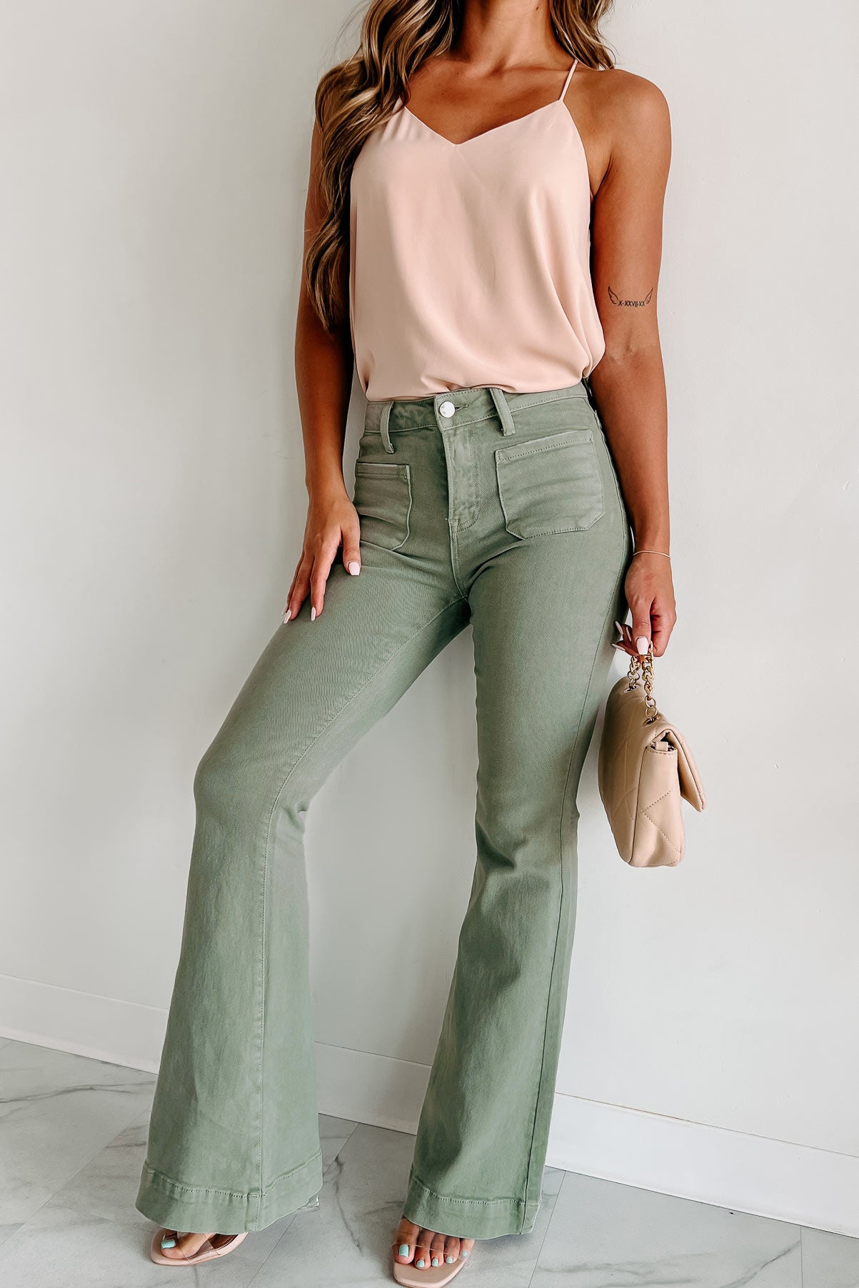 Colton Non-Distressed High Rise Risen Flare Jeans (Olive)-The Formal Wear