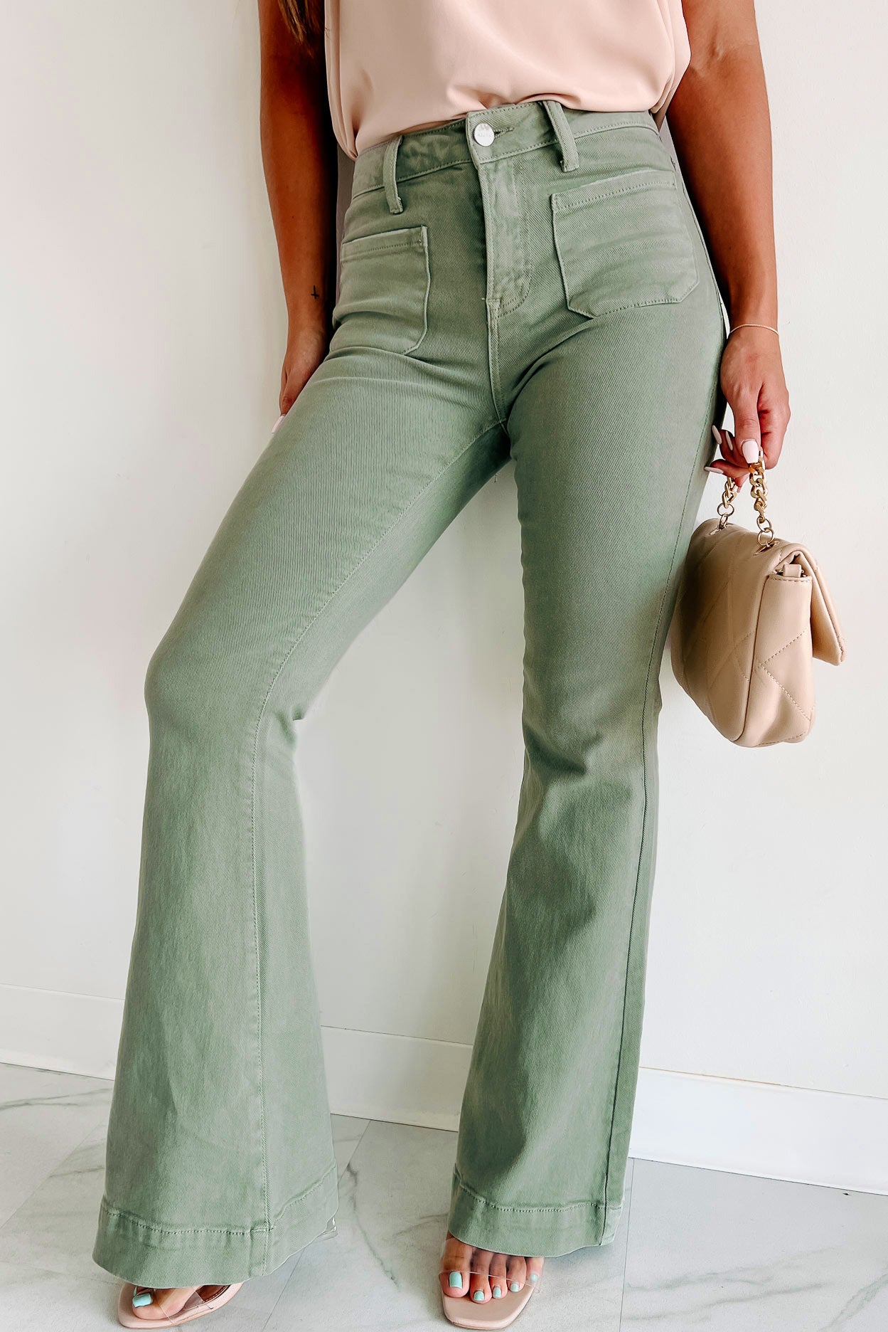 Colton Non-Distressed High Rise Risen Flare Jeans (Olive)-The Formal Wear