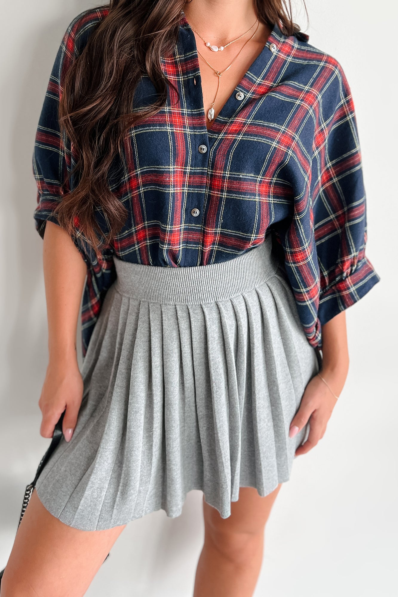 Bijou Plaid Oversized Button-Down Shirt (Navy)-The Formal Wear