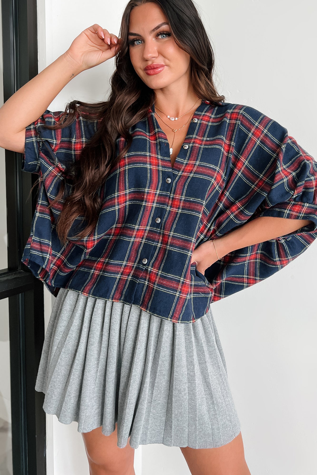 Bijou Plaid Oversized Button-Down Shirt (Navy)-The Formal Wear