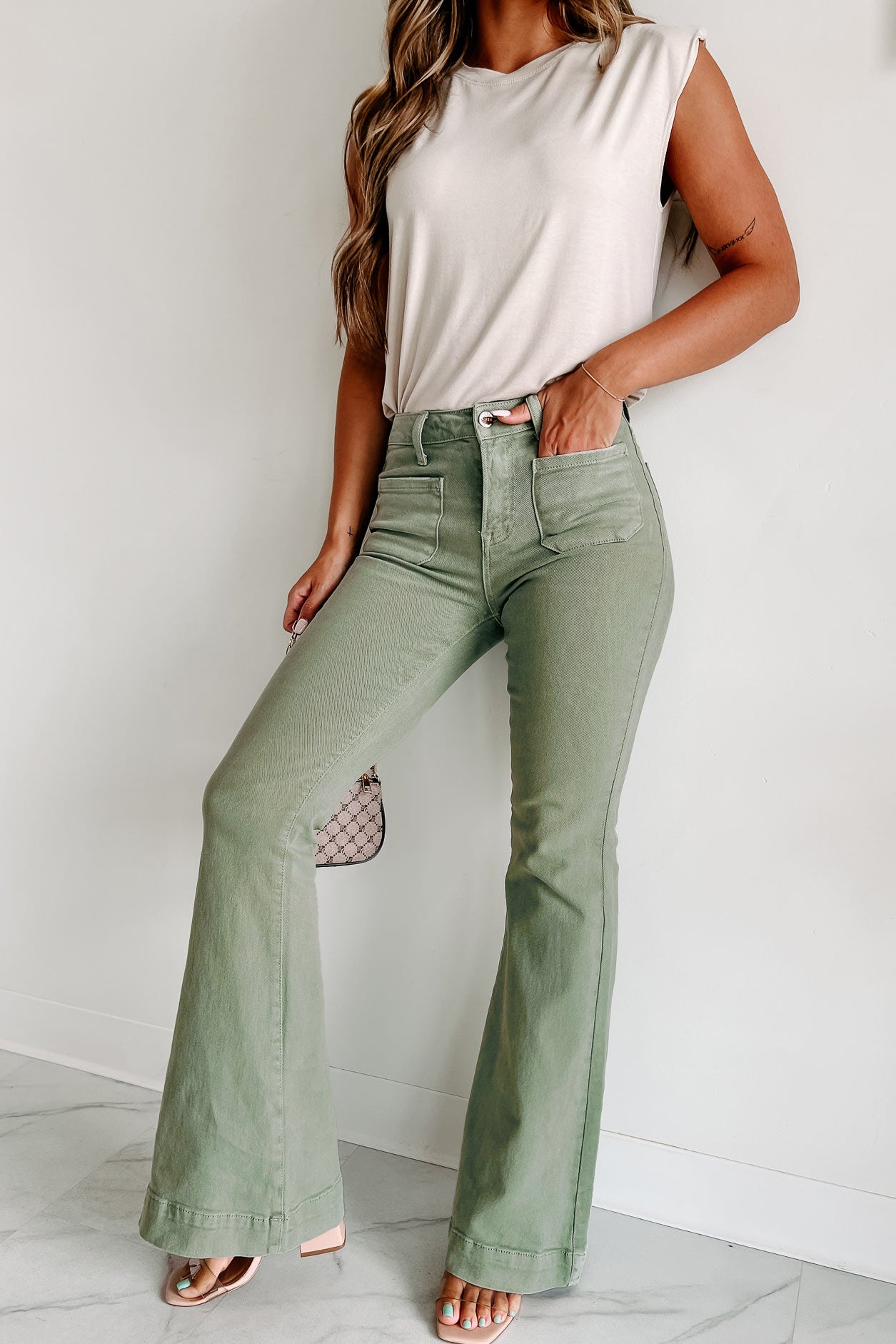 Colton Non-Distressed High Rise Risen Flare Jeans (Olive)-The Formal Wear