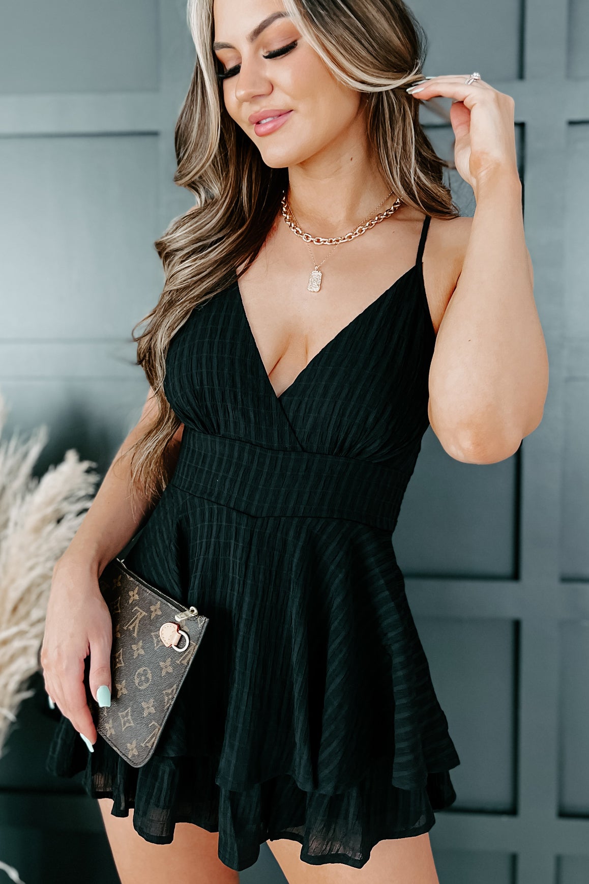 Beauty With Ease Textured Ruffle Romper (Black)-The Formal Wear
