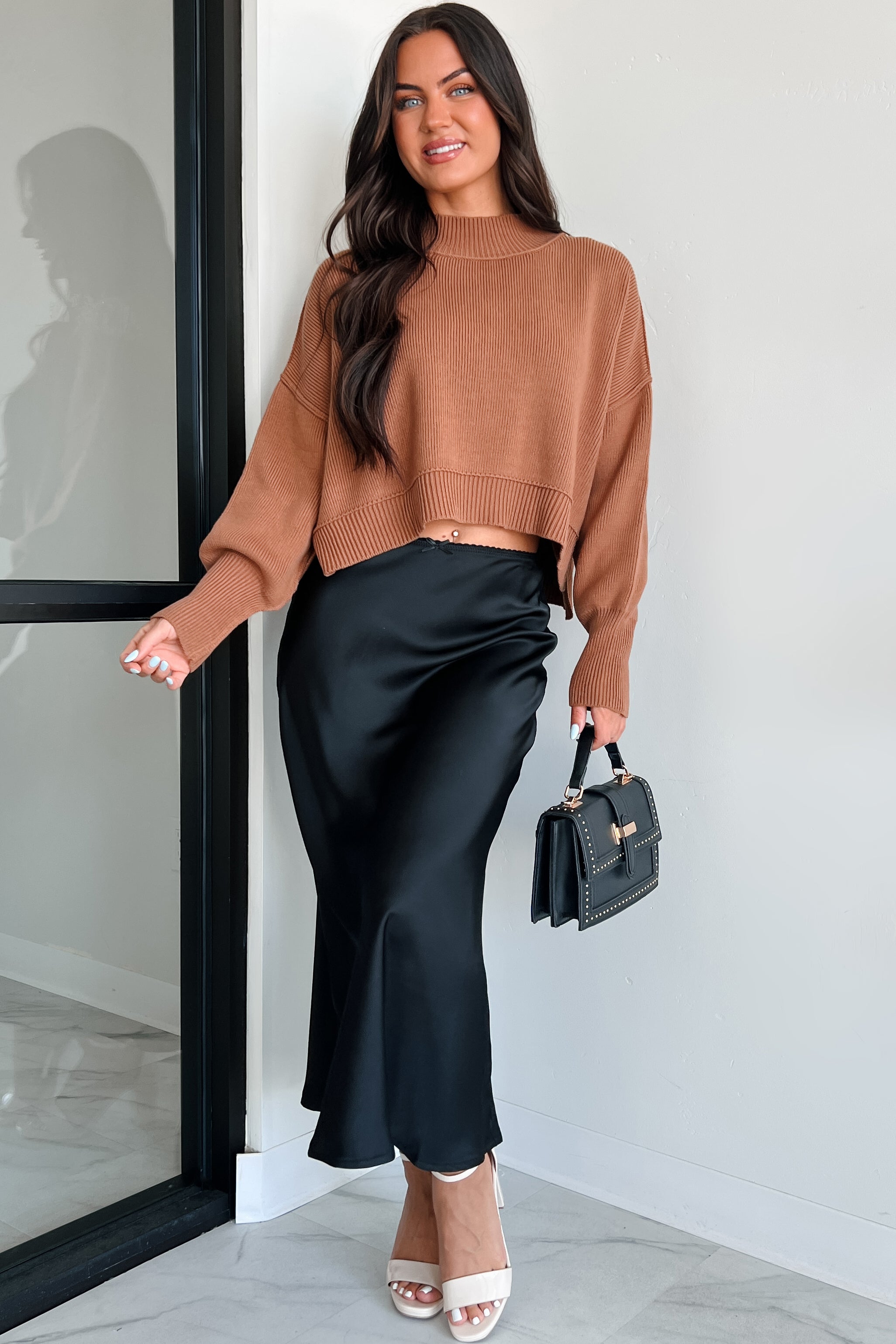 Chic Endeavors Satin Midi Skirt (Black)-The Formal Wear