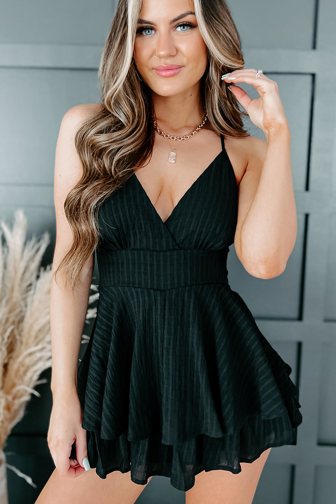 Beauty With Ease Textured Ruffle Romper (Black)-The Formal Wear