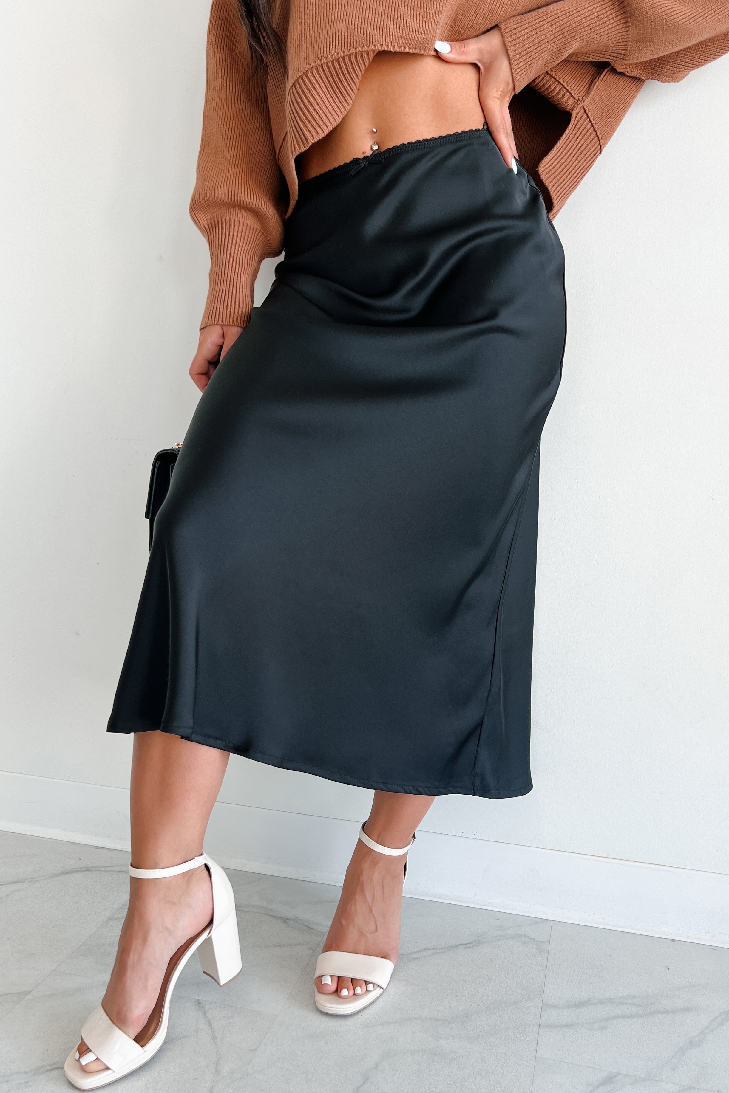 Chic Endeavors Satin Midi Skirt (Black)-The Formal Wear