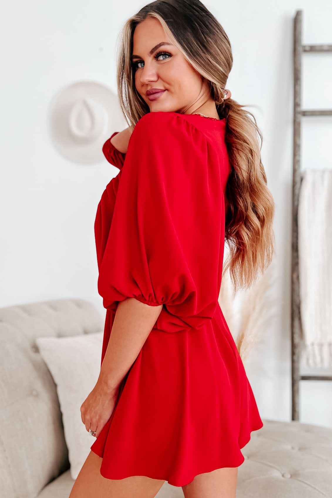 Apple Of My Eye Puff Sleeve Romper (Red)-The Formal Wear
