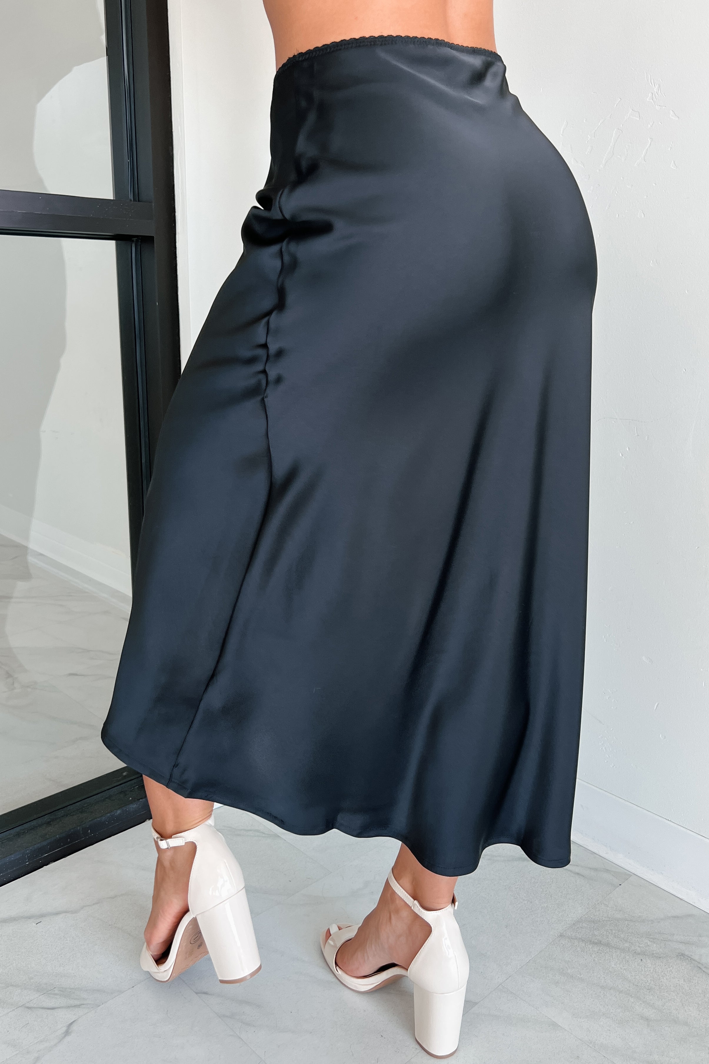 Chic Endeavors Satin Midi Skirt (Black)-The Formal Wear