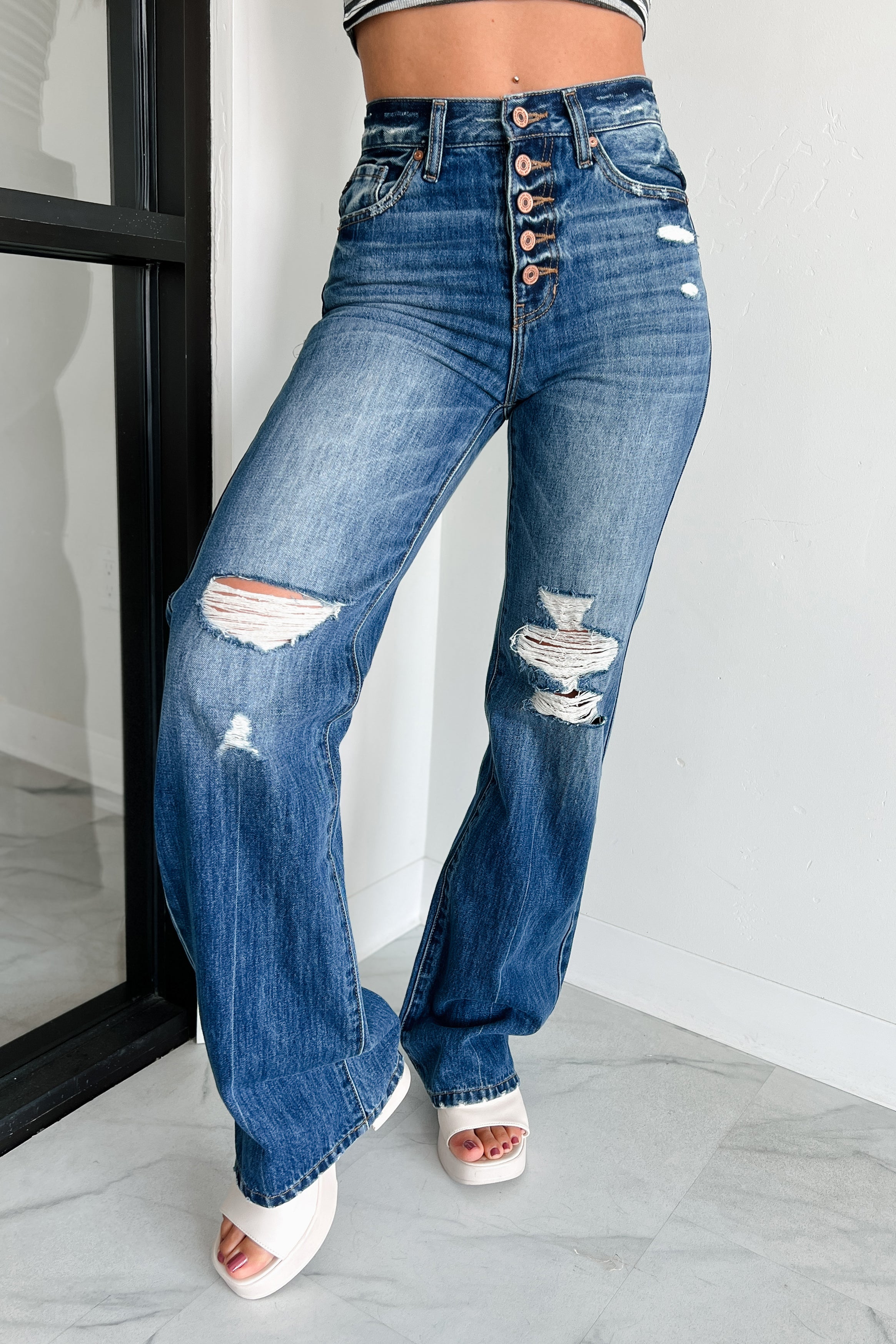 Renton High Rise Button Fly 90's Distressed Kancan Flare Jeans (Medium)-The Formal Wear