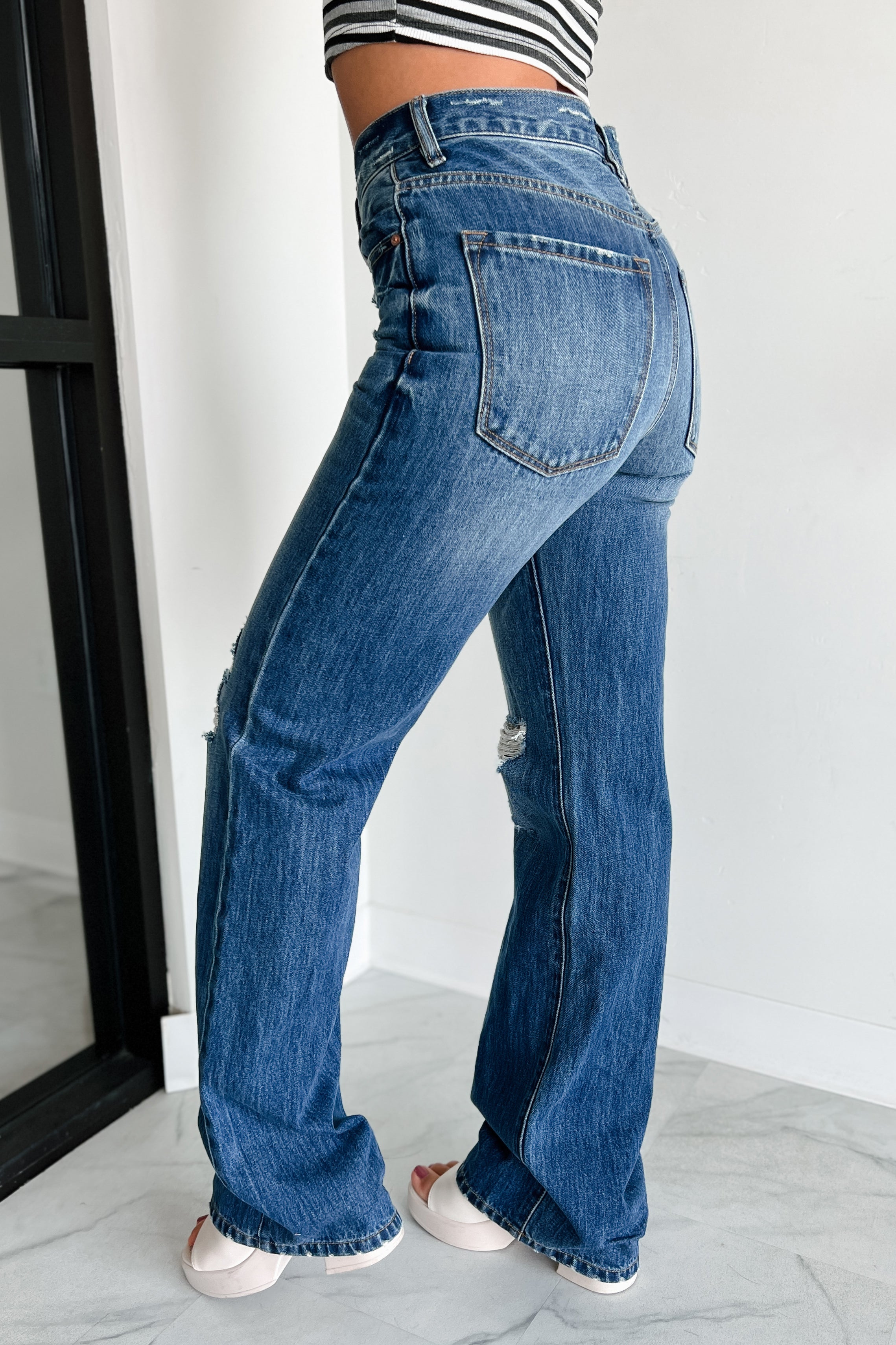 Renton High Rise Button Fly 90's Distressed Kancan Flare Jeans (Medium)-The Formal Wear