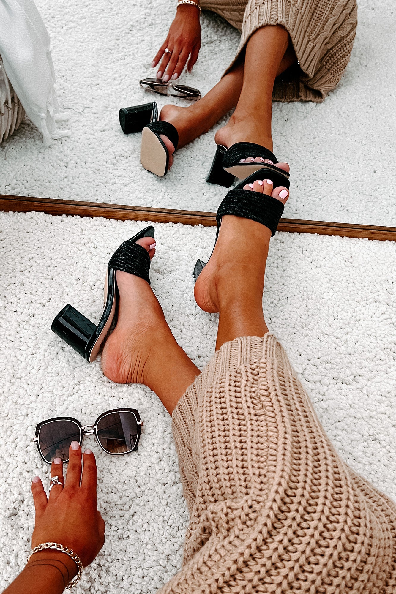 Flashy Feelings Mirrored Rhinestone Strap Heels (Black)-The Formal Wear