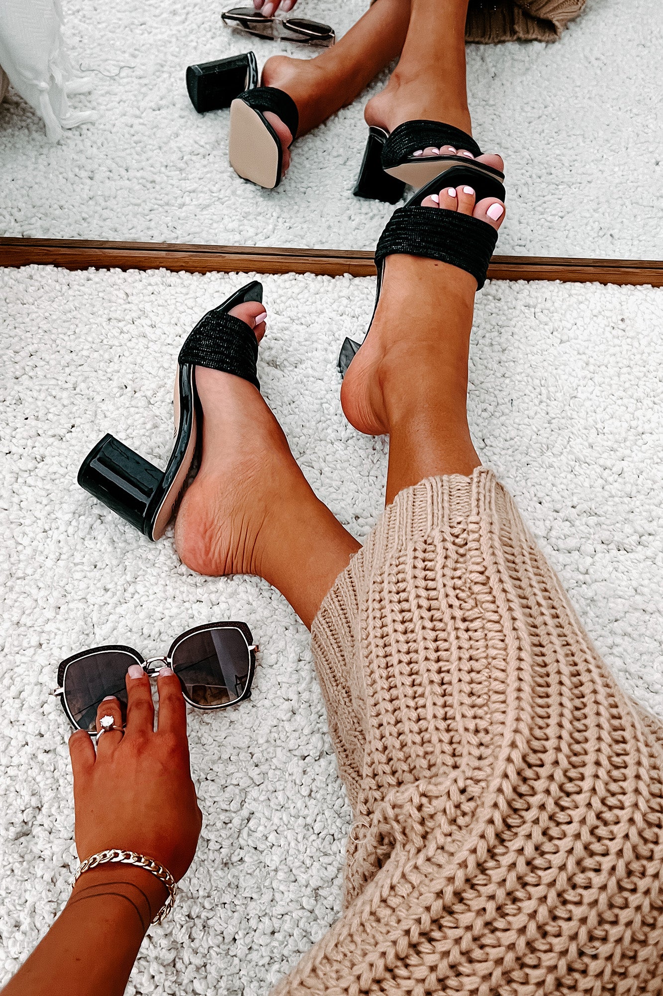 Flashy Feelings Mirrored Rhinestone Strap Heels (Black)-The Formal Wear