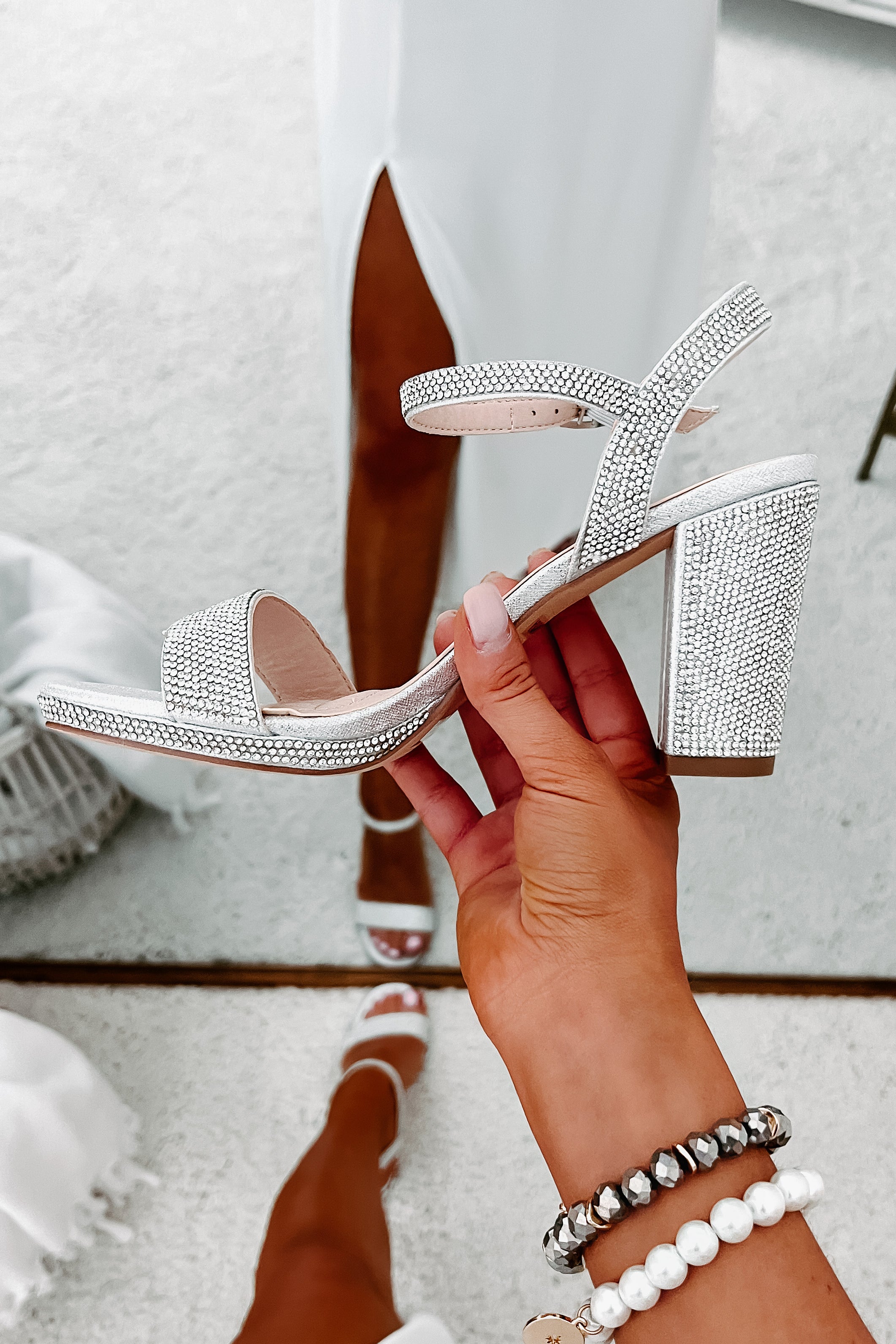 Miss Bling Rhinestone Block Heels (Silver)-The Formal Wear