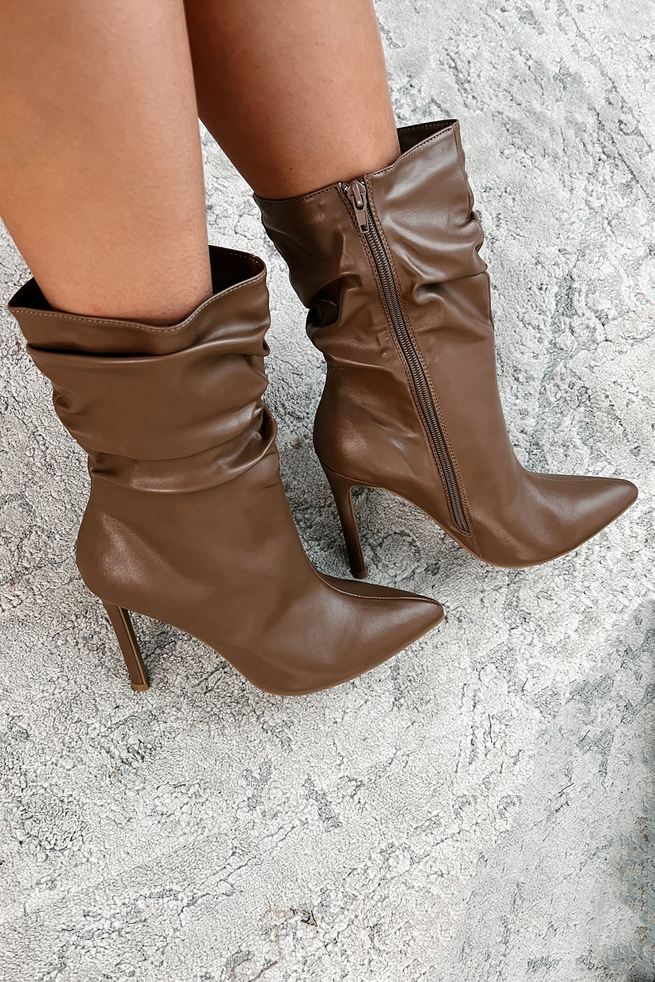 Sleek Steps Slouchy Heeled Ankle Booties (Taupe)-The Formal Wear