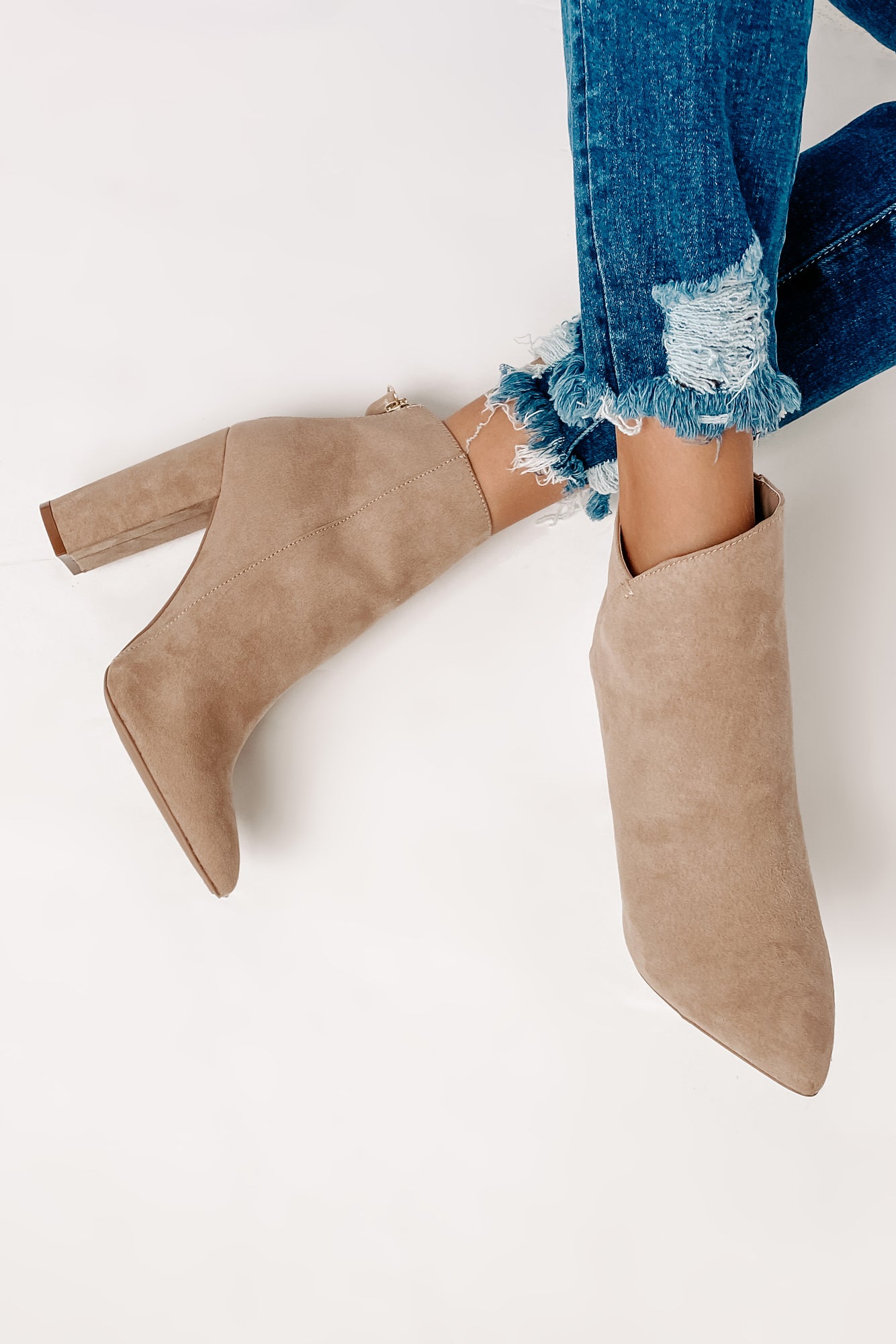 IMPERFECT Plot Twist Faux Suede Booties (Taupe)-The Formal Wear