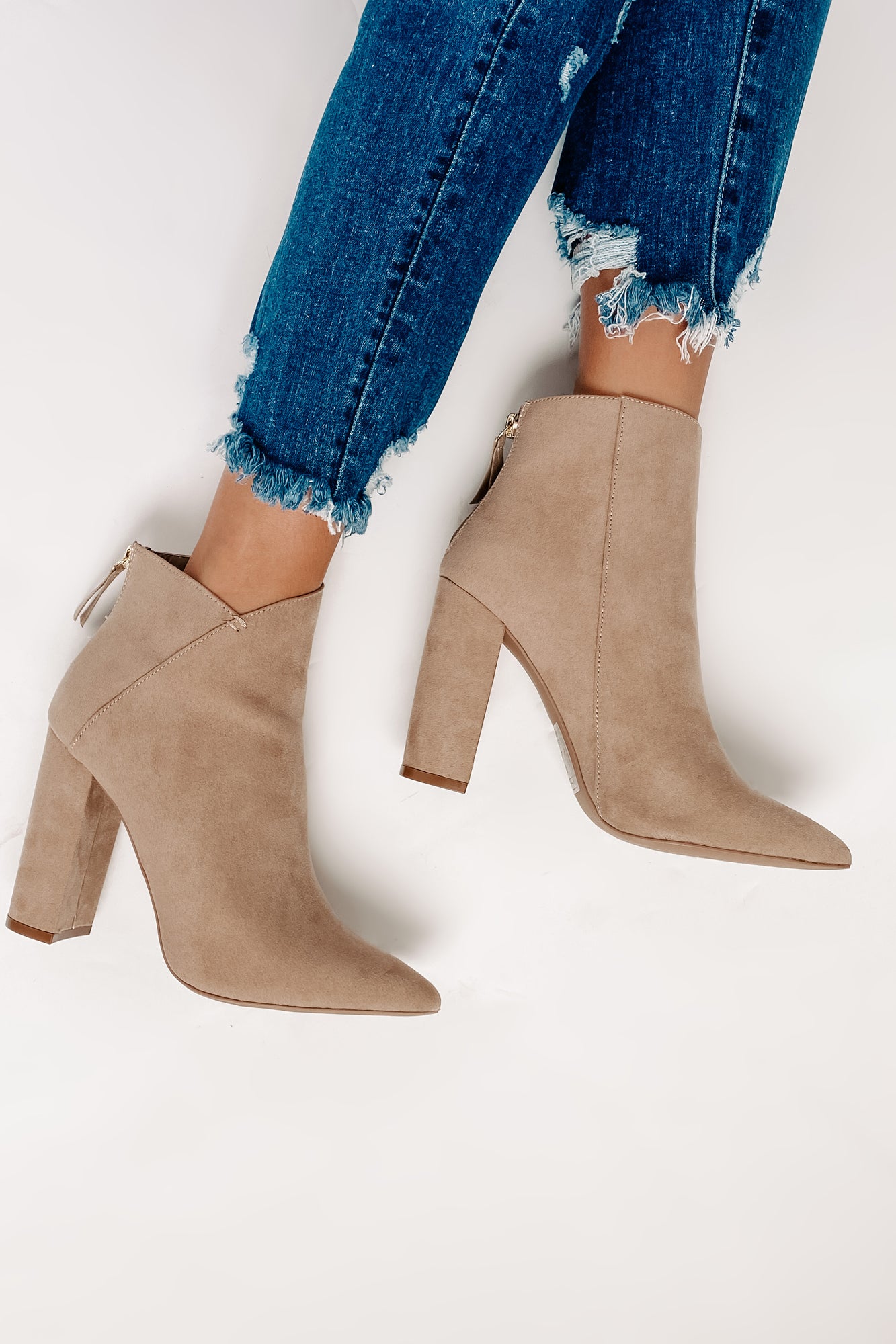 IMPERFECT Plot Twist Faux Suede Booties (Taupe)-The Formal Wear
