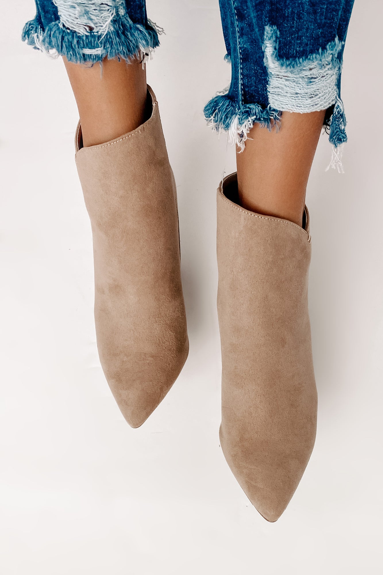 IMPERFECT Plot Twist Faux Suede Booties (Taupe)-The Formal Wear