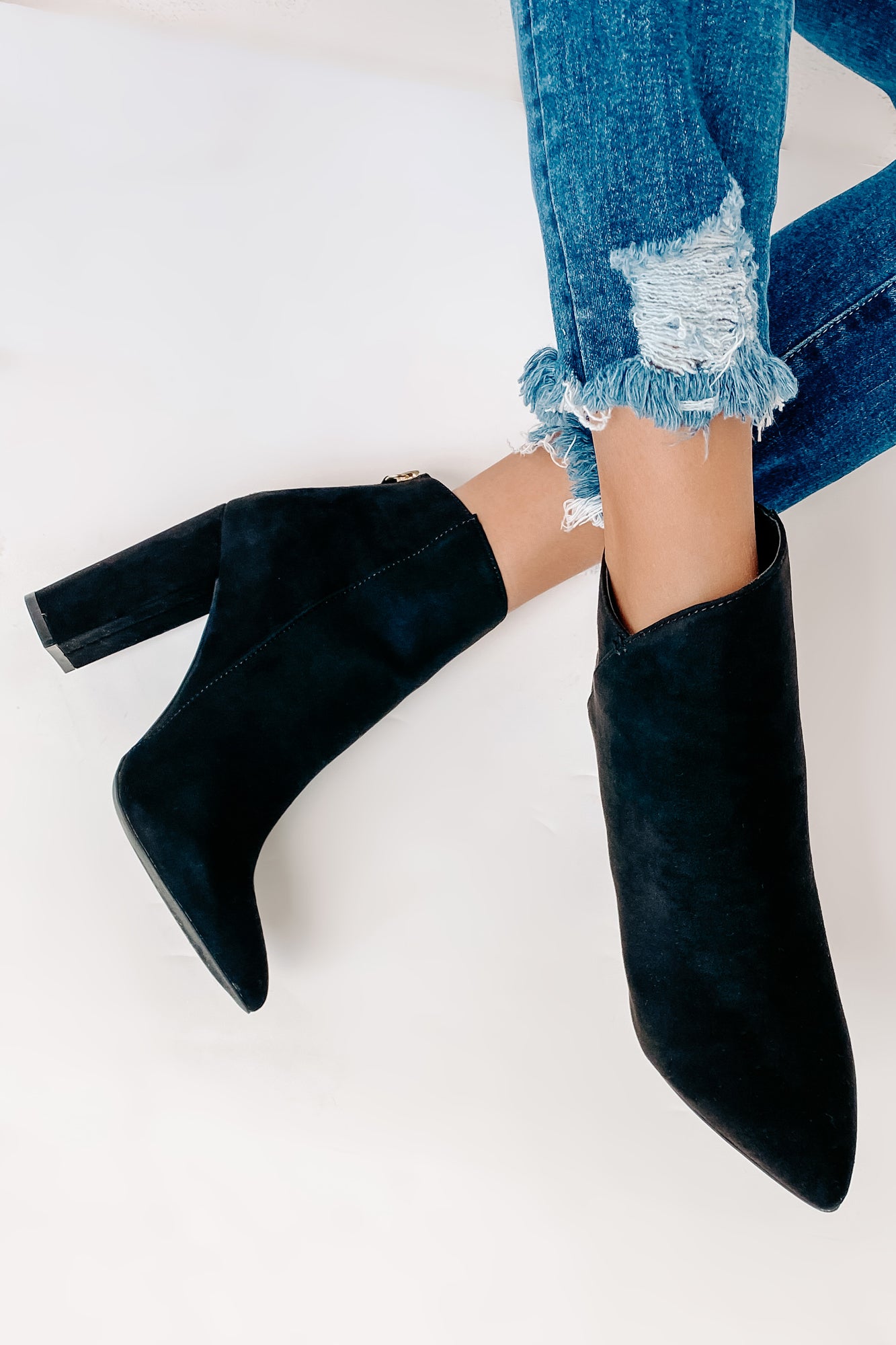 IMPERFECT Plot Twist Faux Suede Booties (Black)-The Formal Wear