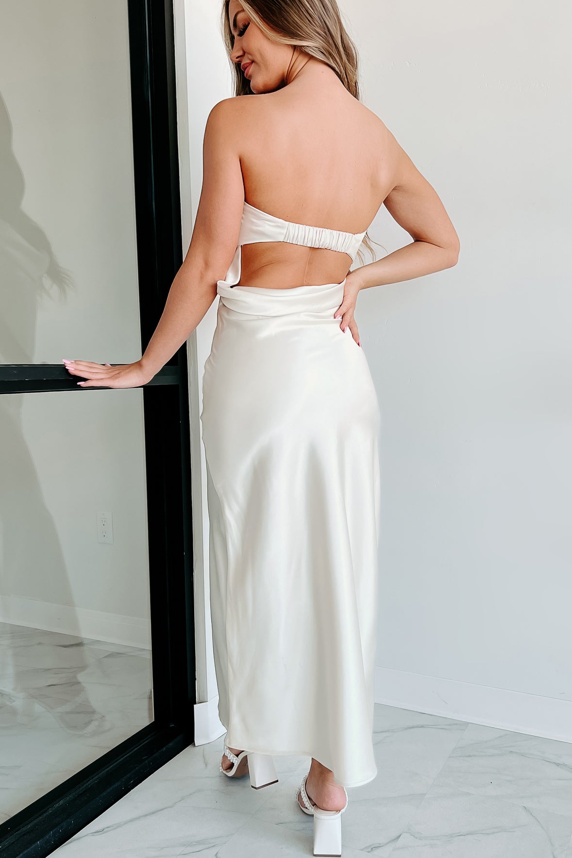 Royal Entrance Satin Maxi Dress With Rhinestone Detail (Ivory)-The Formal Wear