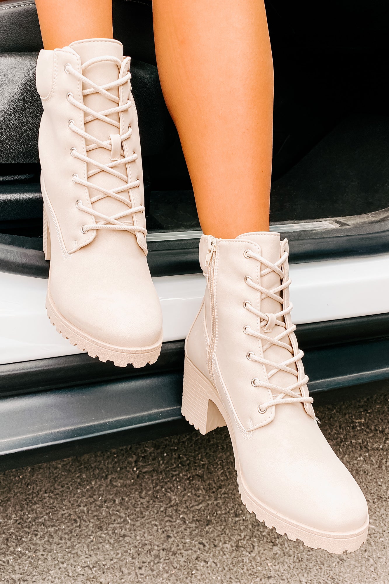 Clashing Interests Chunky Lace-Up Booties (Stone Nubuck)-The Formal Wear