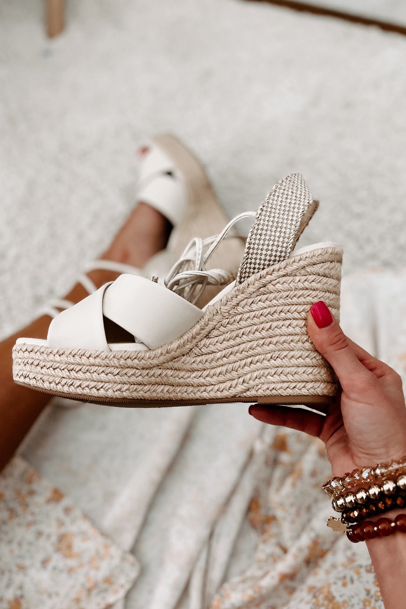 So Sweet Ankle Tie Wedge Sandals (Bone)-The Formal Wear