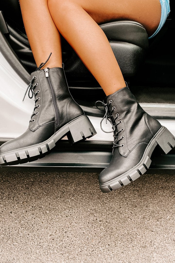 IMPERFECT Questionable Intentions Chunky Faux Leather Combat Boots (Black)-The Formal Wear