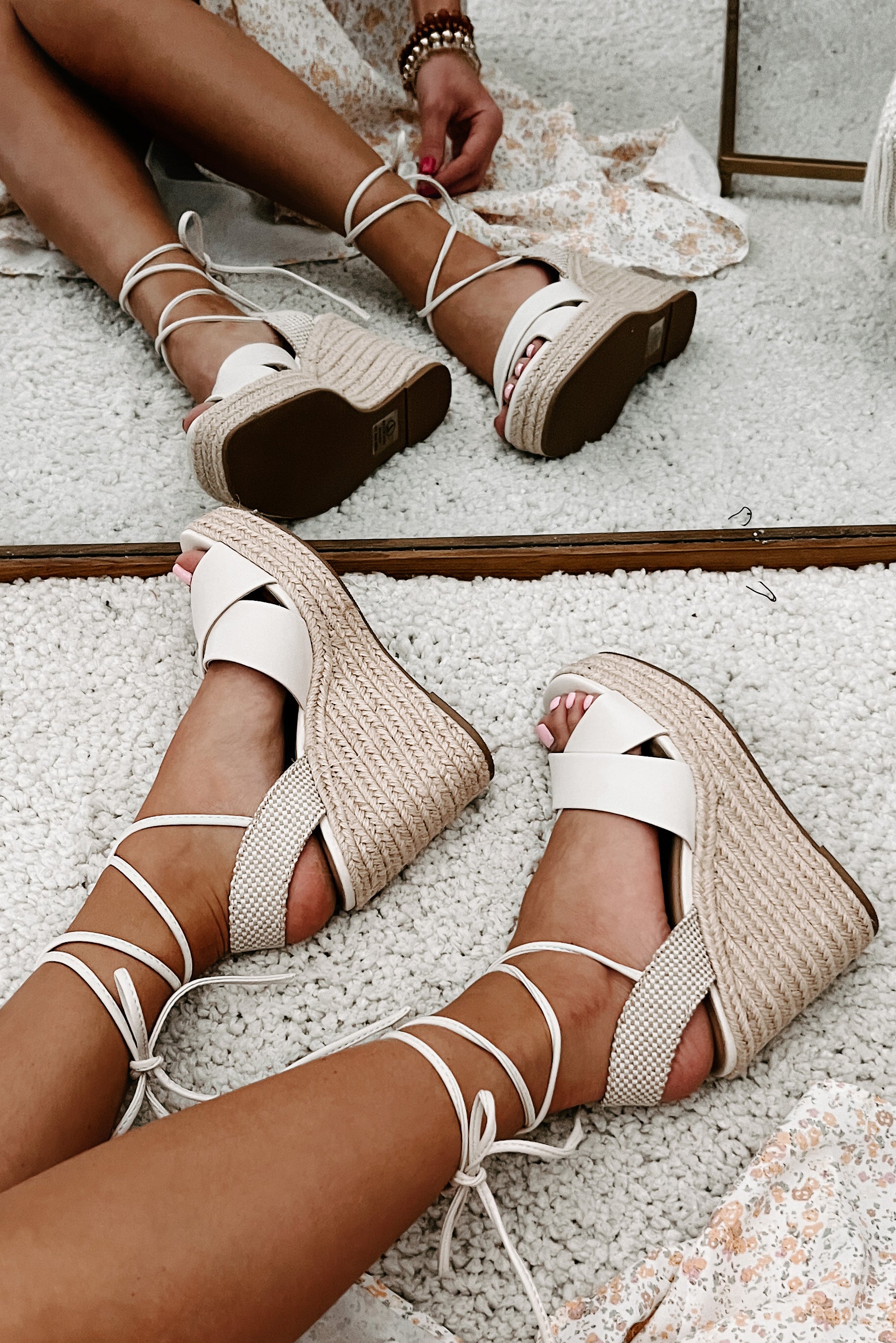 So Sweet Ankle Tie Wedge Sandals (Bone)-The Formal Wear