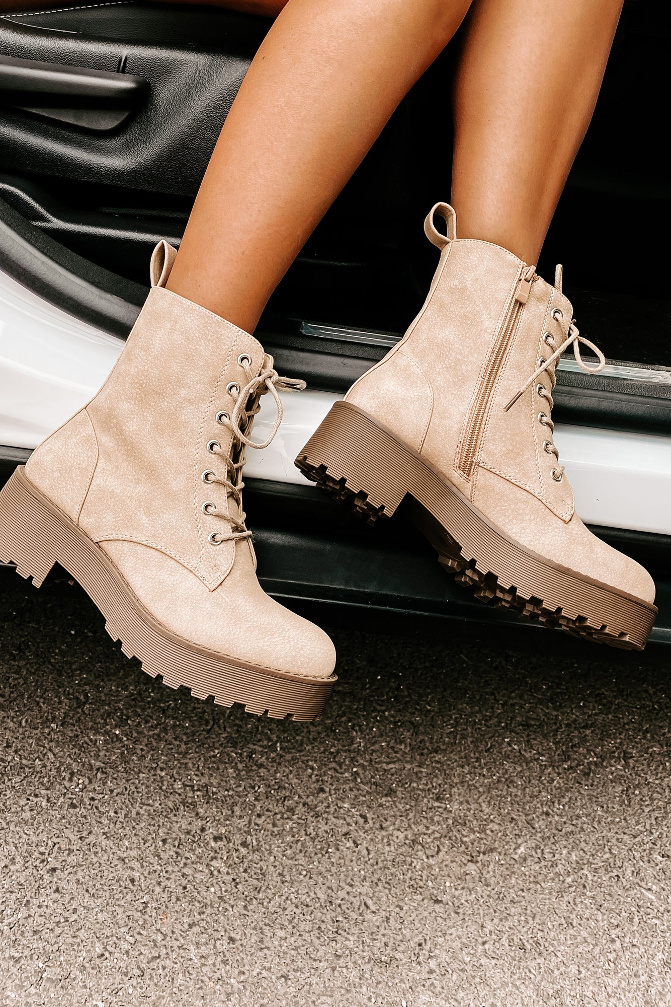 Fearless Leader Chunky Faux Leather Combat Boot (Natural)-The Formal Wear